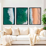 Three Pieces of Art Together – Waves, Shoreline, and Sand Rhythm - Black Framed Poster No Border - Artworksets