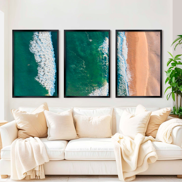 Three Pieces of Art Together – Waves, Shoreline, and Sand Rhythm - Black Framed Poster No Border - Artworksets