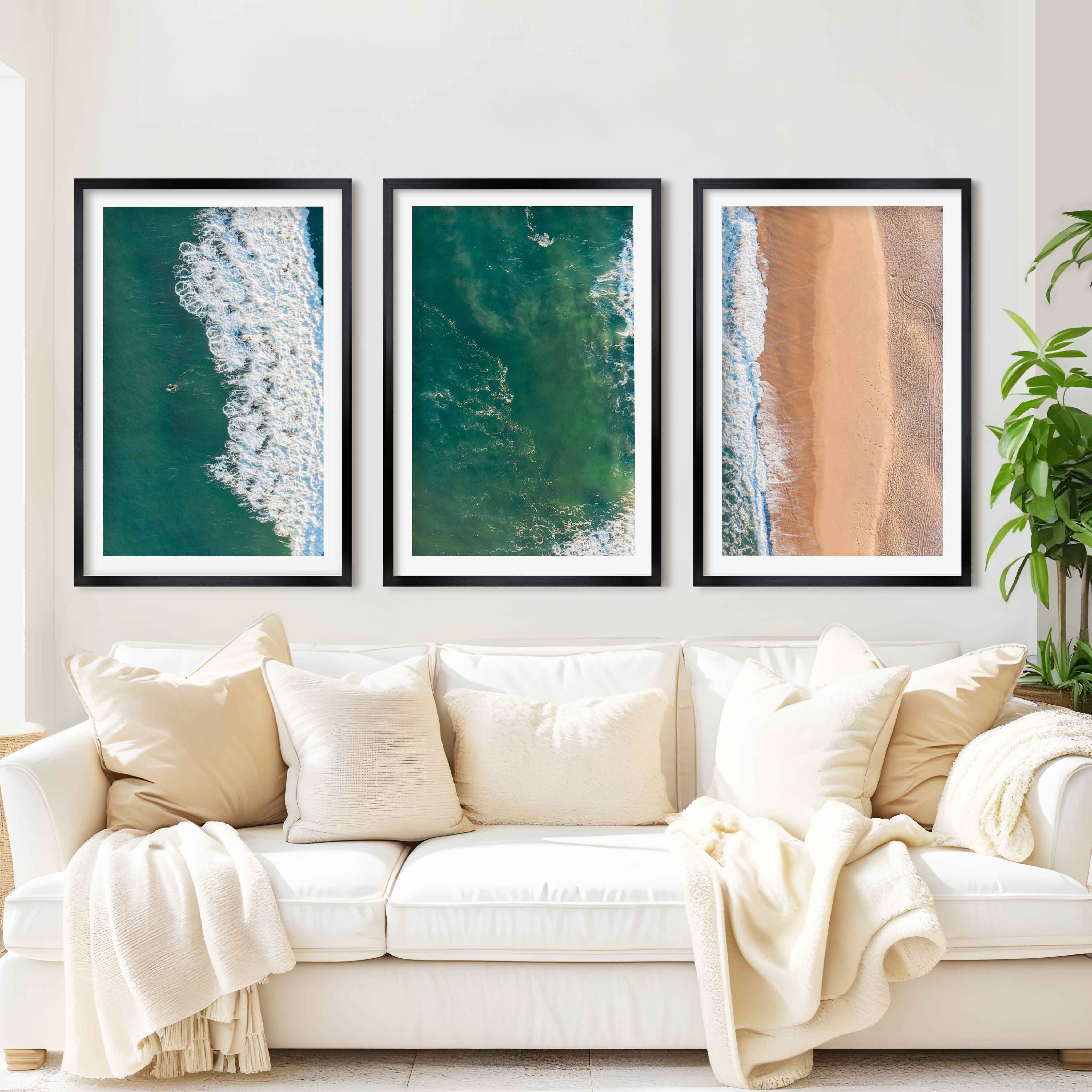 Three Pieces of Art Together – Waves, Shoreline, and Sand Rhythm - Black Framed Poster with White Border - Artworksets