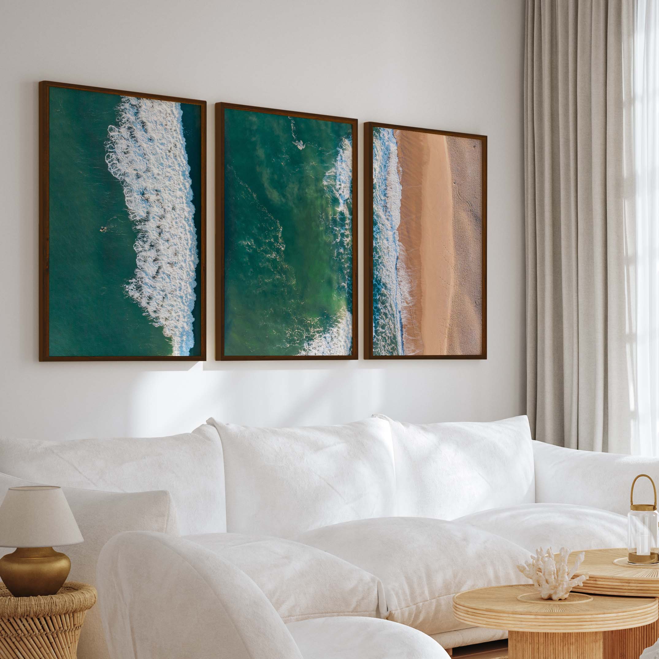Three Pieces of Art Together – Waves, Shoreline, and Sand Rhythm - Dark Brown Framed Poster No Border - Artworksets