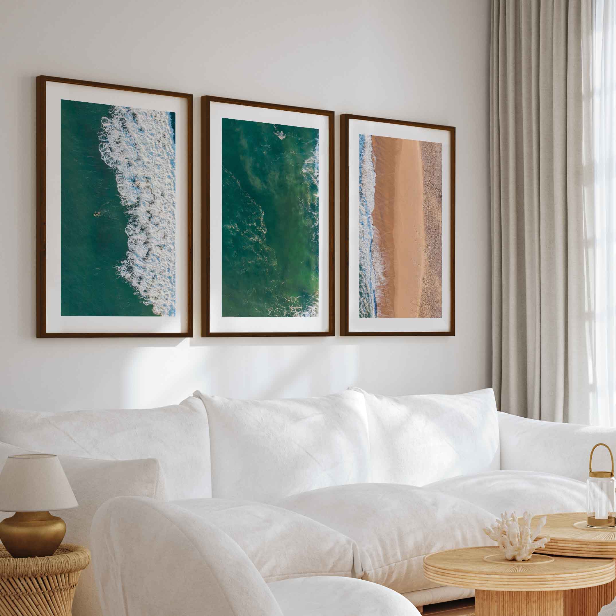 Three Pieces of Art Together – Waves, Shoreline, and Sand Rhythm - Dark Brown Framed Poster with White Border - Artworksets