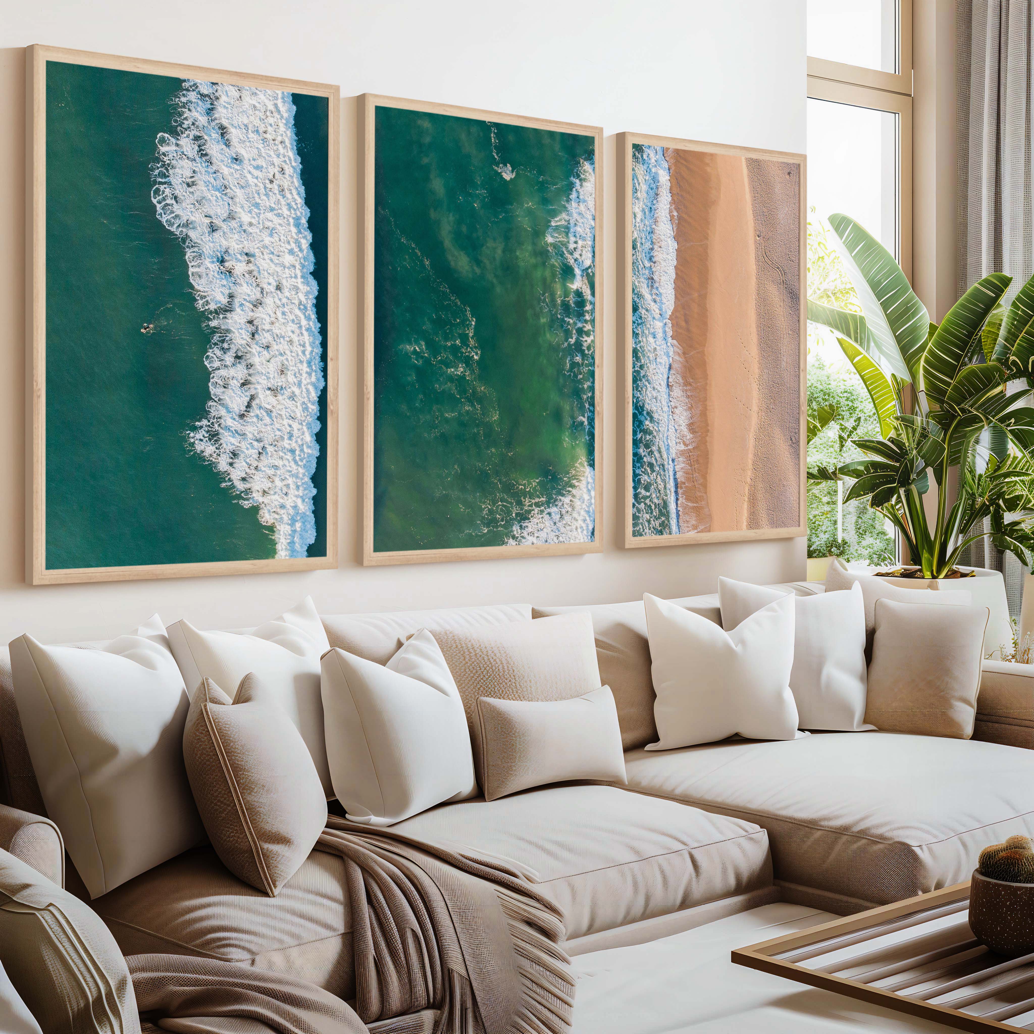 Three Pieces of Art Together – Waves, Shoreline, and Sand Rhythm - Natural Wood Framed Poster No Border - Artworksets