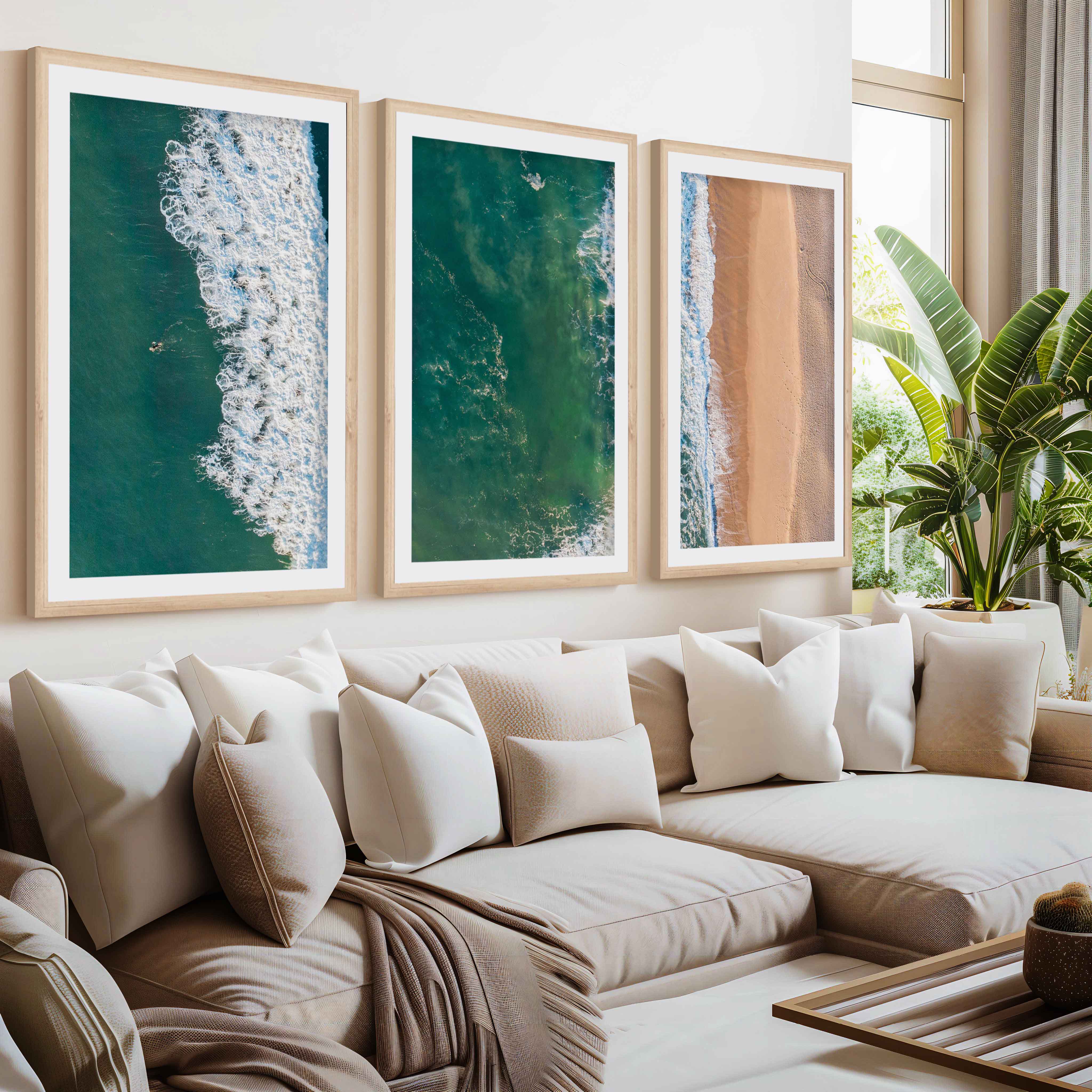 Three Pieces of Art Together – Waves, Shoreline, and Sand Rhythm- Natural Wood Framed Poster with White Border - Artworksets