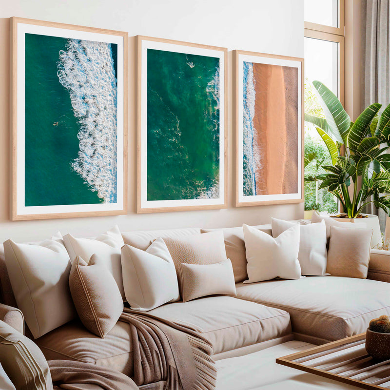 Three Pieces of Art Together – Waves, Shoreline, and Sand Rhythm- Natural Wood Framed Poster with White Border - Artworksets