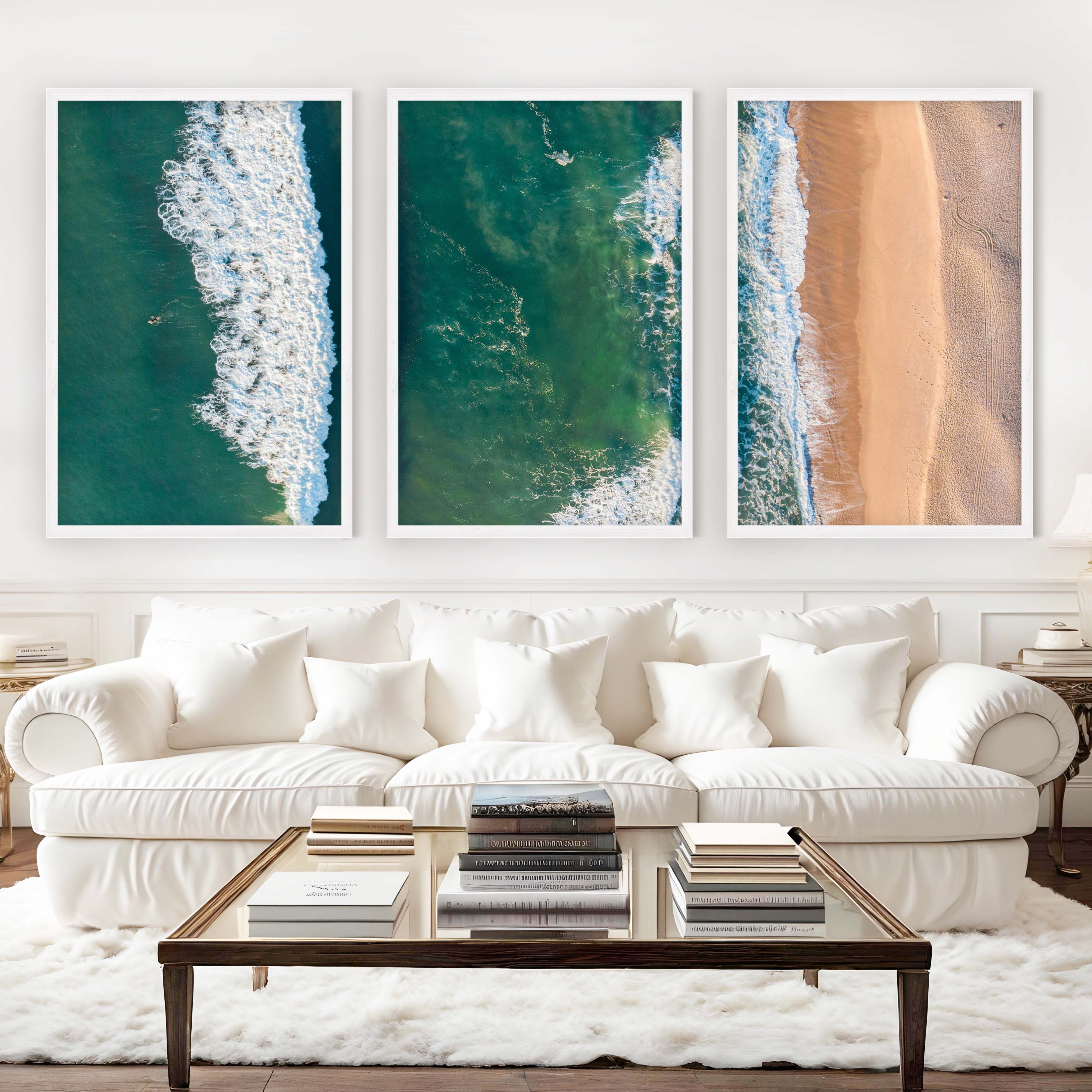 Three Pieces of Art Together – Waves, Shoreline, and Sand Rhythm - White Framed Poster No Border - Artworksets