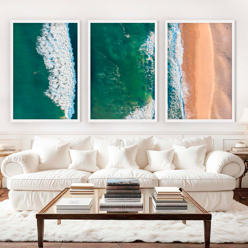 Three Pieces of Art Together – Waves, Shoreline, and Sand Rhythm - White Framed Poster No Border - Artworksets