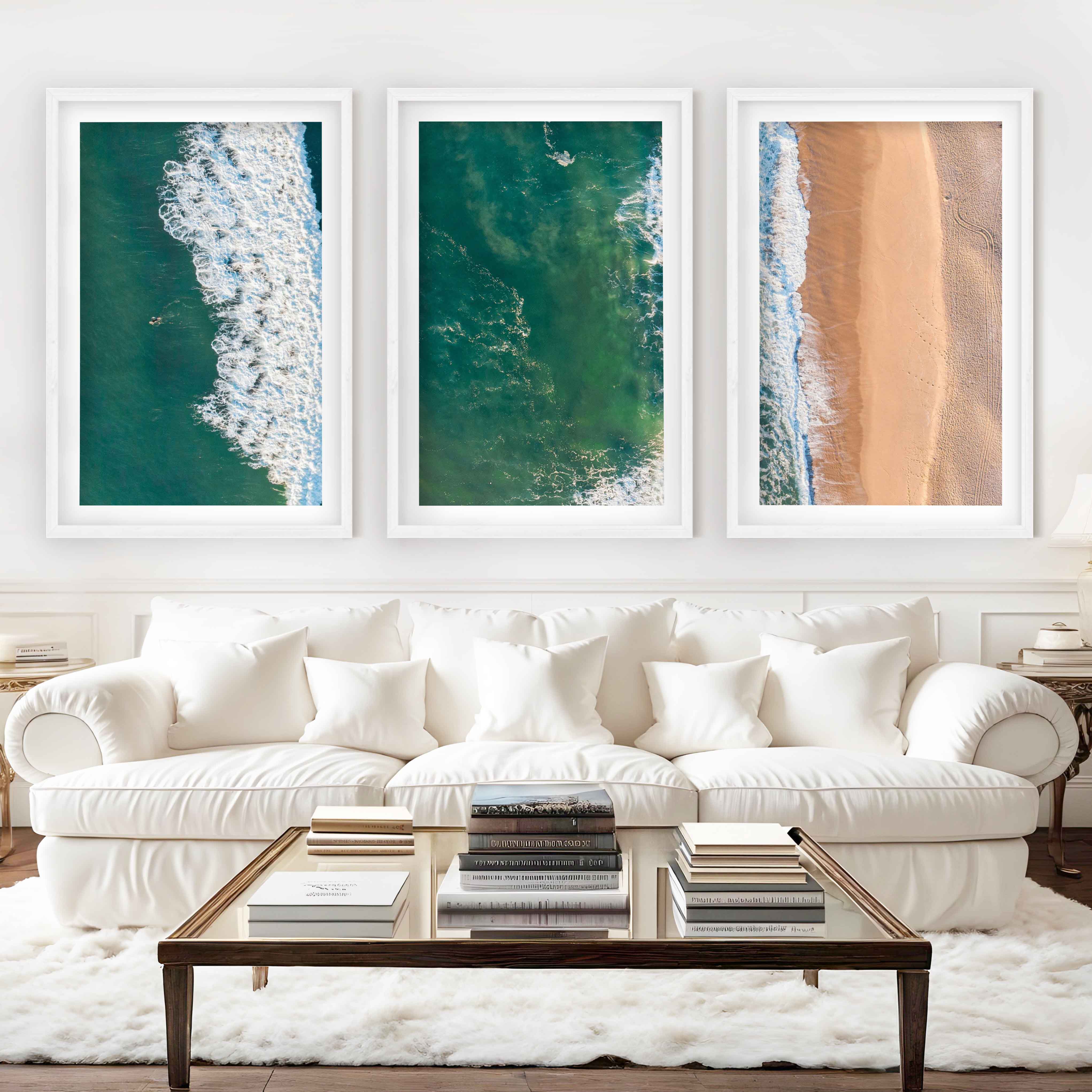 Three Pieces of Art Together – Waves, Shoreline, and Sand Rhythm - White Framed Poster with White Border - Artworksets