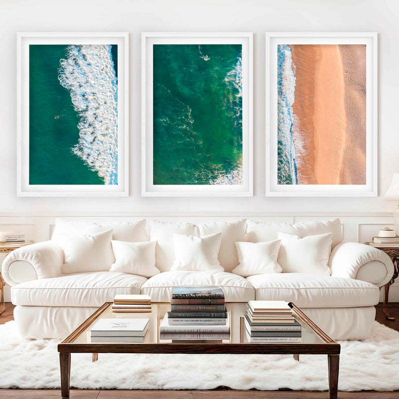 Three Pieces of Art Together – Waves, Shoreline, and Sand Rhythm - White Framed Poster with White Border - Artworksets