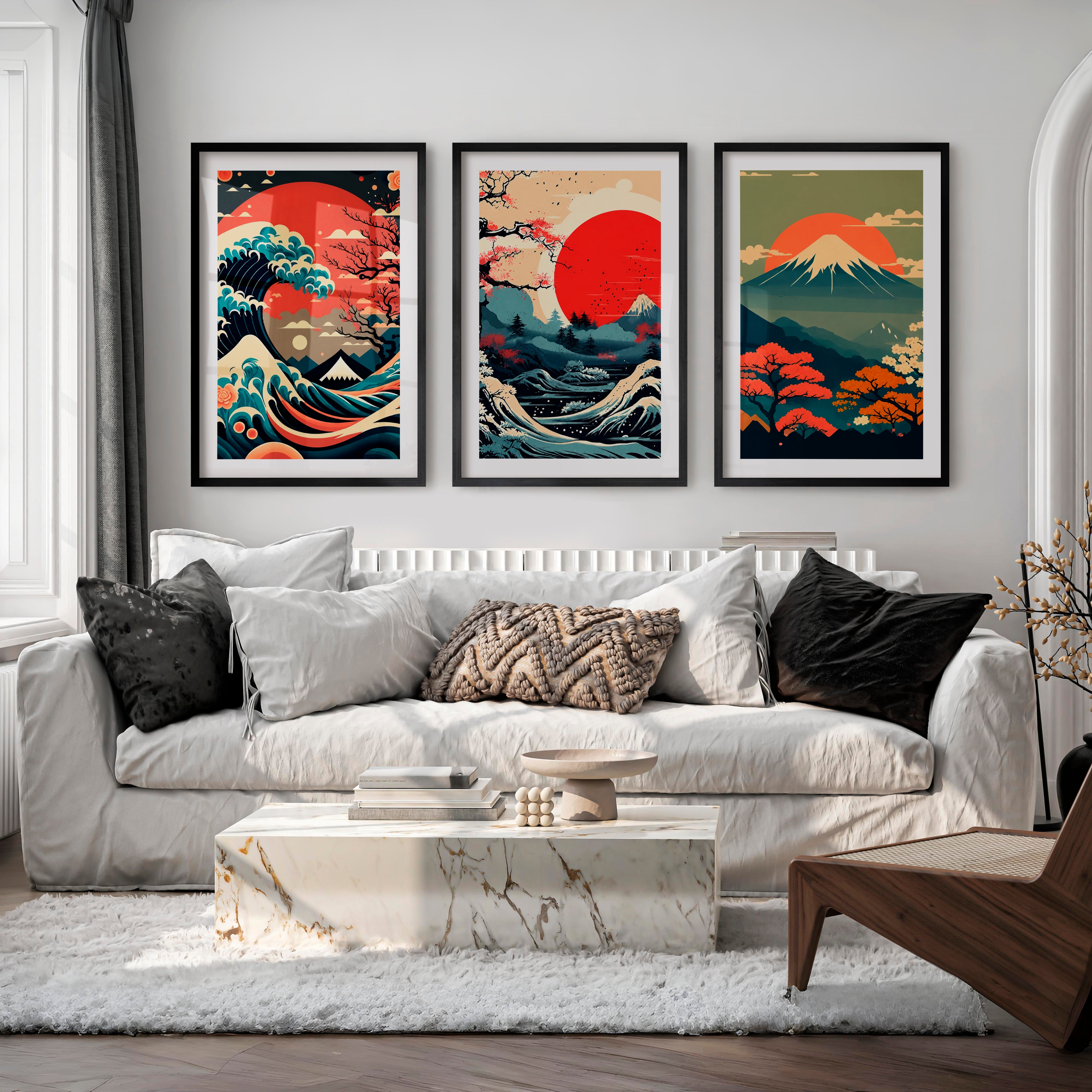 Traditional Japanese Art Featuring Bamboo and a Lakeside Fisherman - Black Framed Poster with White Border - Artworksets