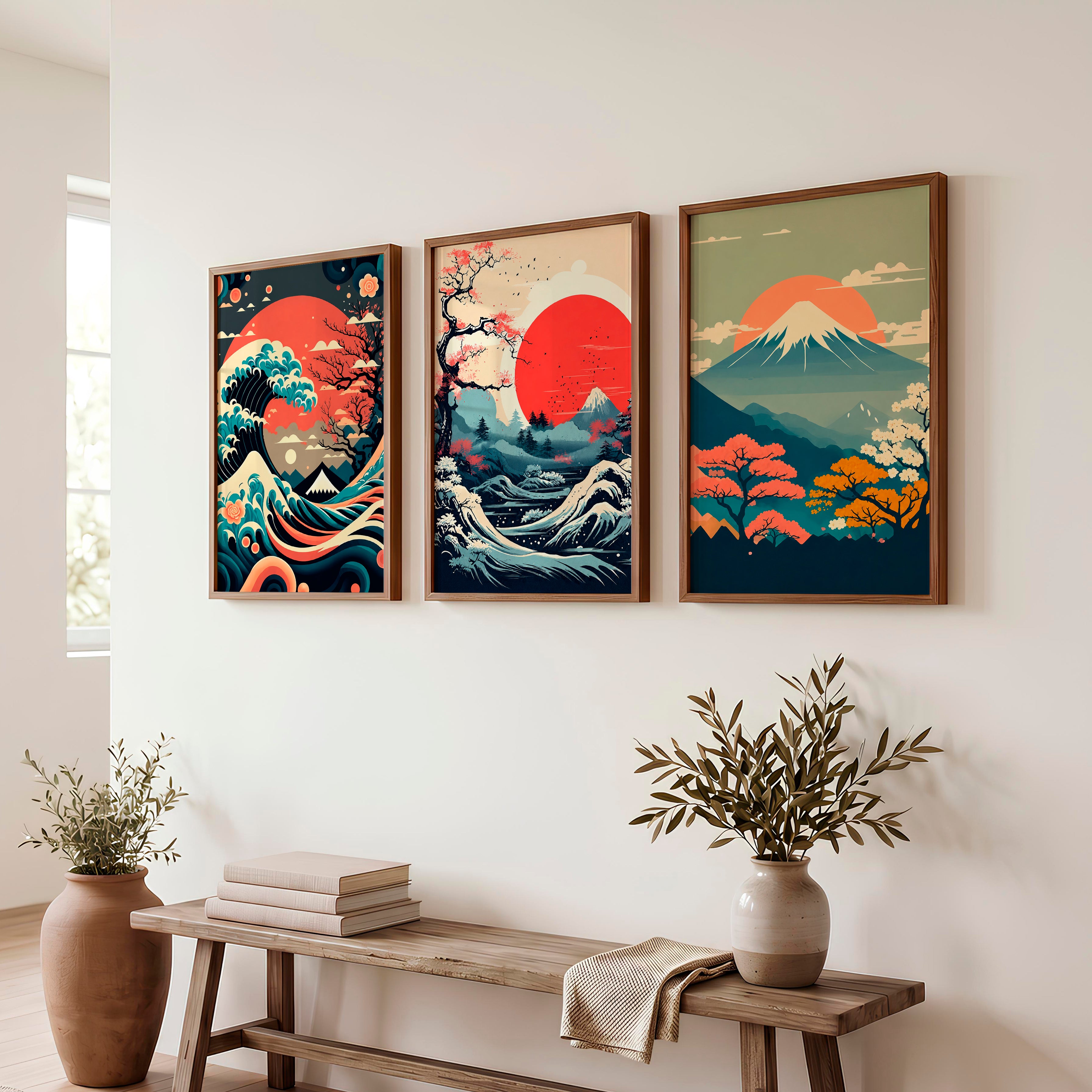 Traditional Japanese Art Featuring Bamboo and a Lakeside Fisherman - Dark Brown Framed Poster No Border - Artworksets