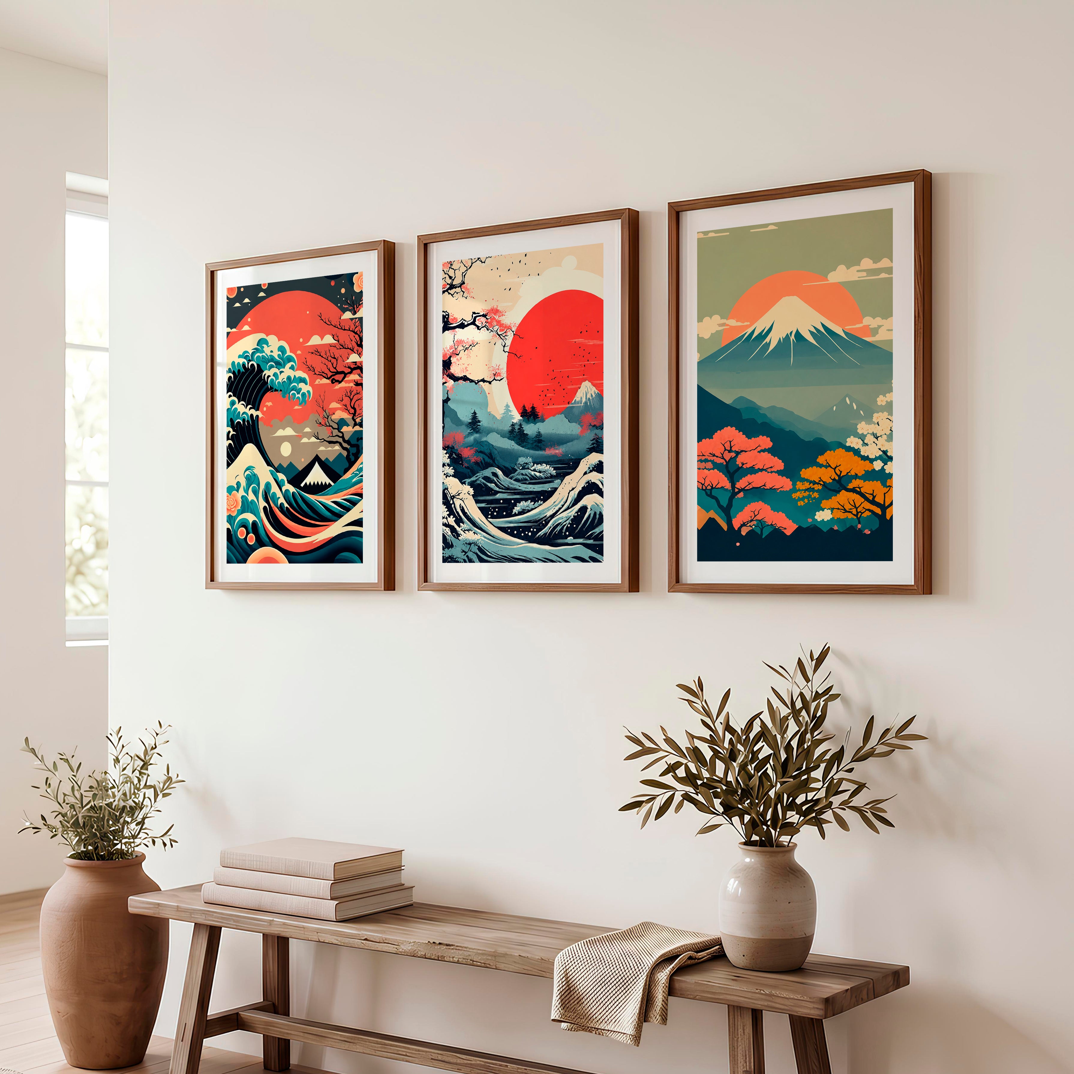Traditional Japanese Art Featuring Bamboo and a Lakeside Fisherman - Dark Brown Framed Poster with White Border - Artworksets
