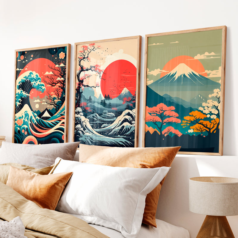 Traditional Japanese Art Featuring Bamboo and a Lakeside Fisherman - Natural Wood Framed Poster No Border - Artworksets