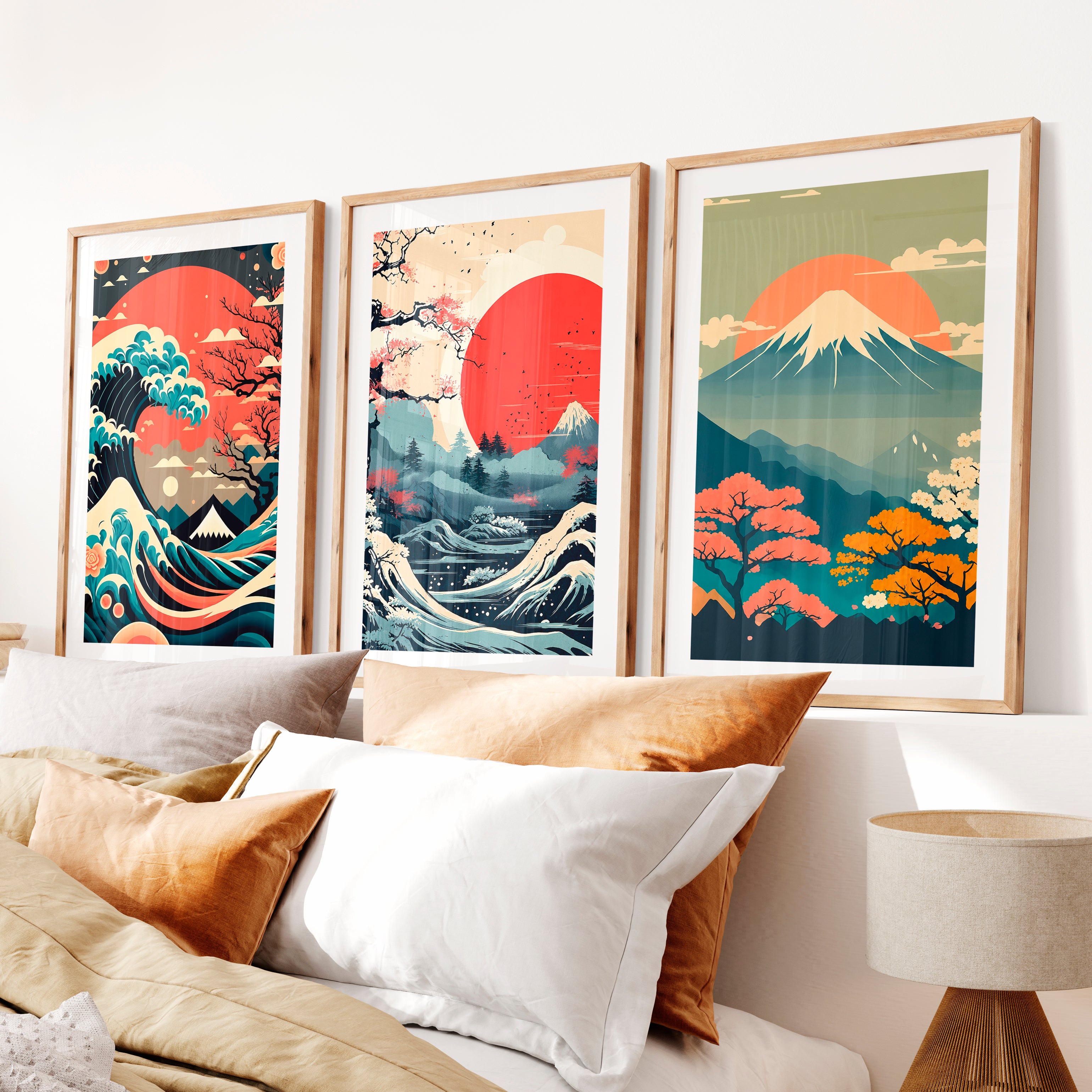 Traditional Japanese Art Featuring Bamboo and a Lakeside Fisherman- Natural Wood Framed Poster with White Border - Artworksets