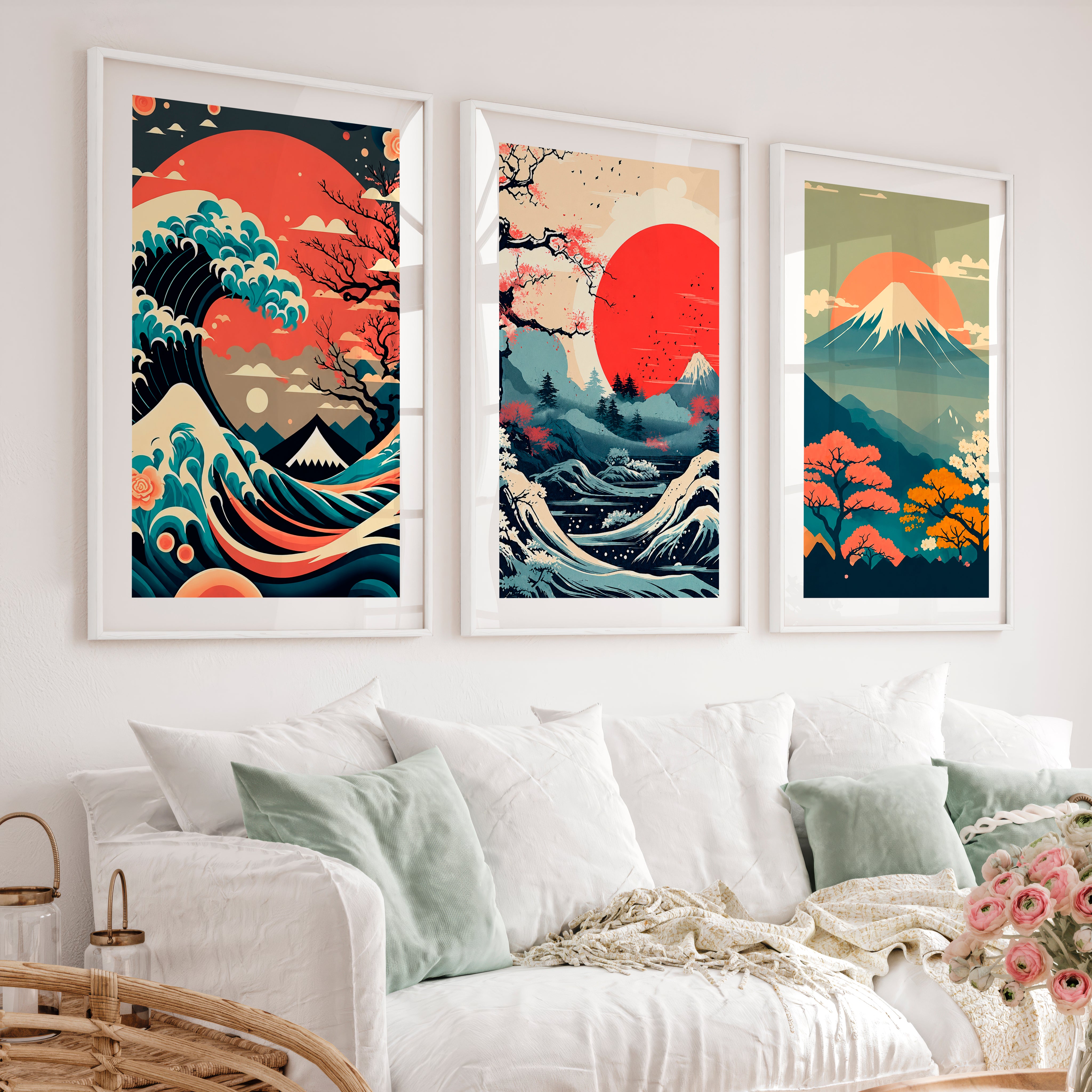 Traditional Japanese Art Featuring Bamboo and a Lakeside Fisherman - White Framed Poster with White Border - Artworksets
