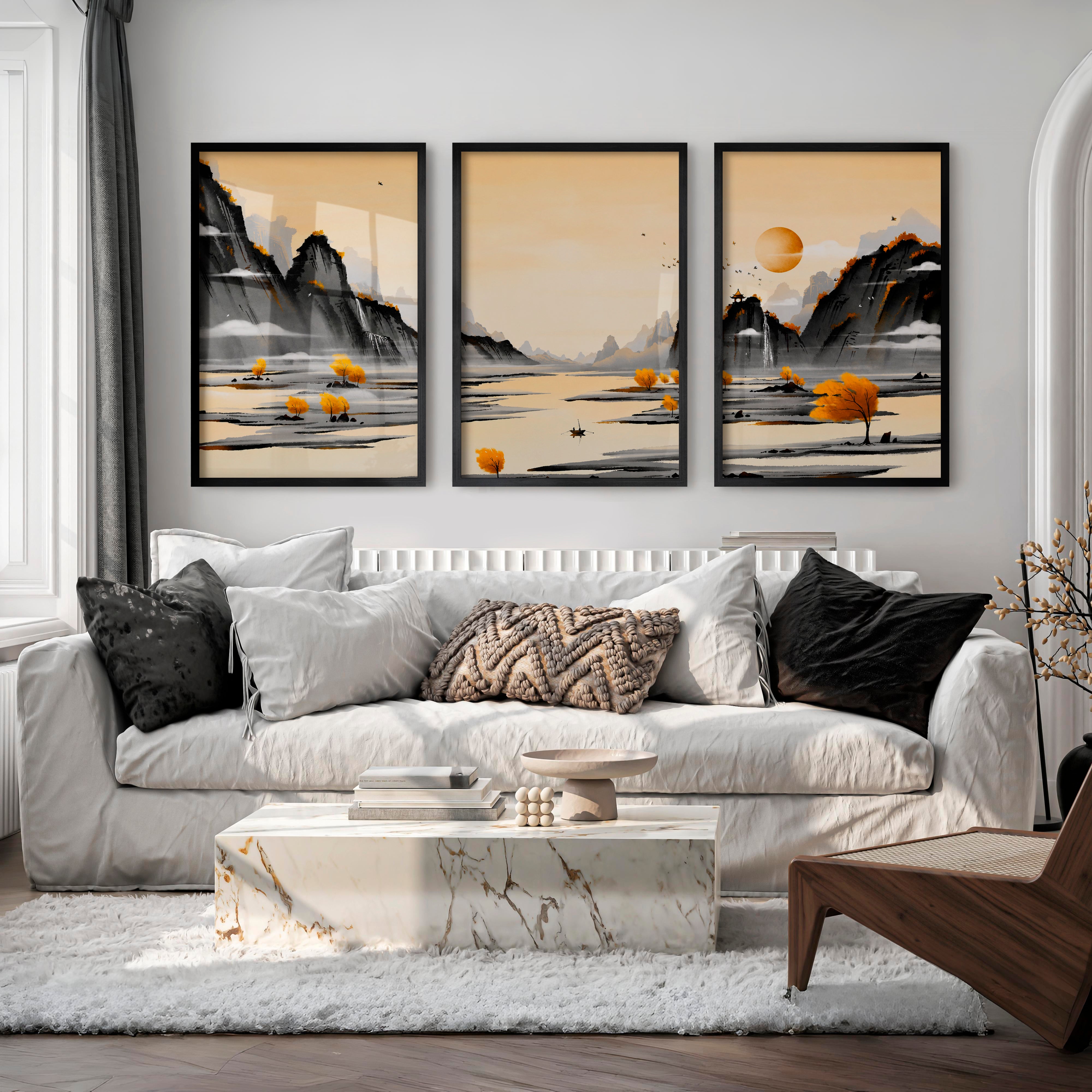 Traditional Japanese Art Featuring Cherry Blossom and Mount Fuji Landscape - Black Framed Poster No Border - Artworksets