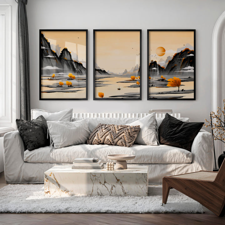 Traditional Japanese Art Featuring Cherry Blossom and Mount Fuji Landscape - Black Framed Poster No Border - Artworksets