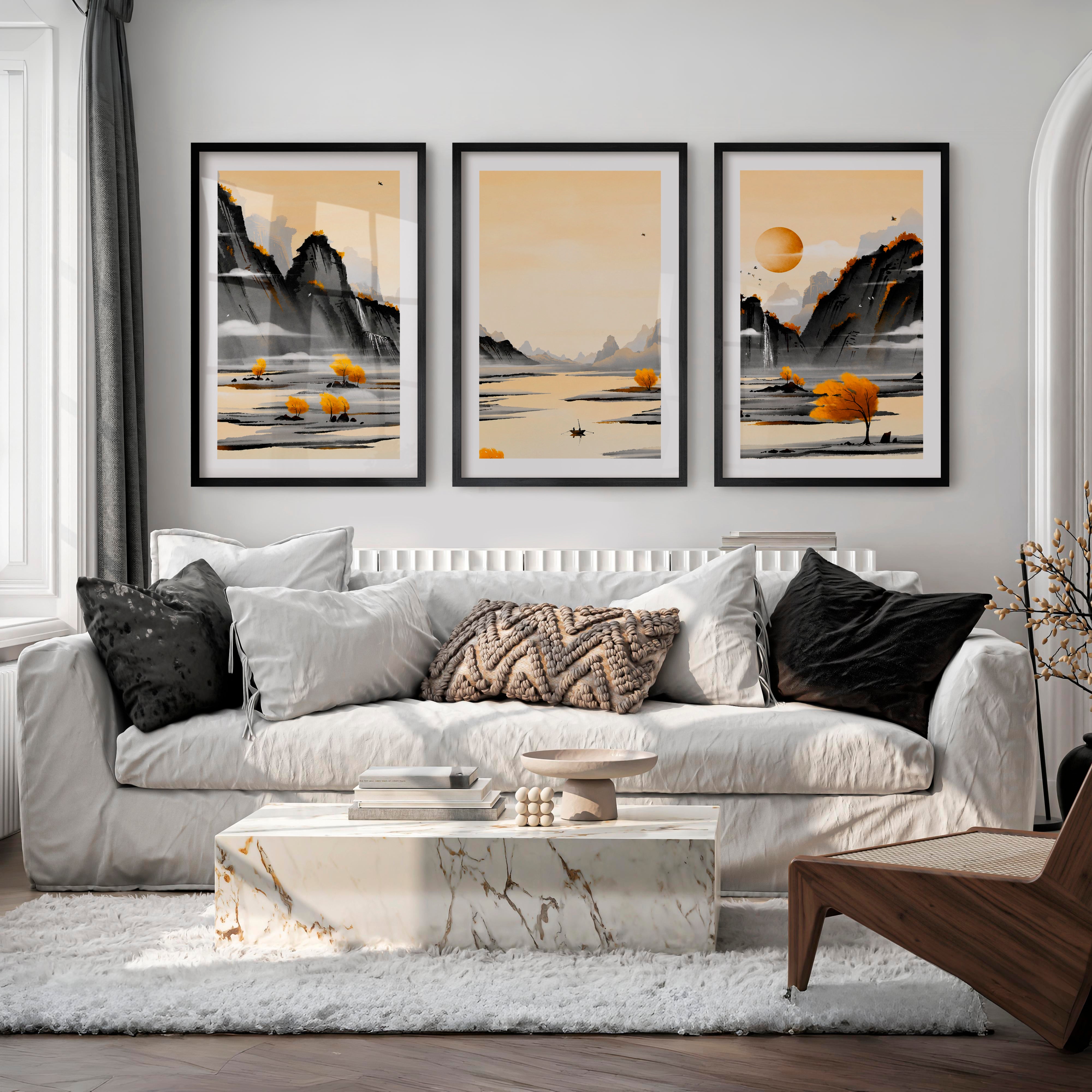 Traditional Japanese Art Featuring Cherry Blossom and Mount Fuji Landscape - Black Framed Poster with White Border - Artworksets