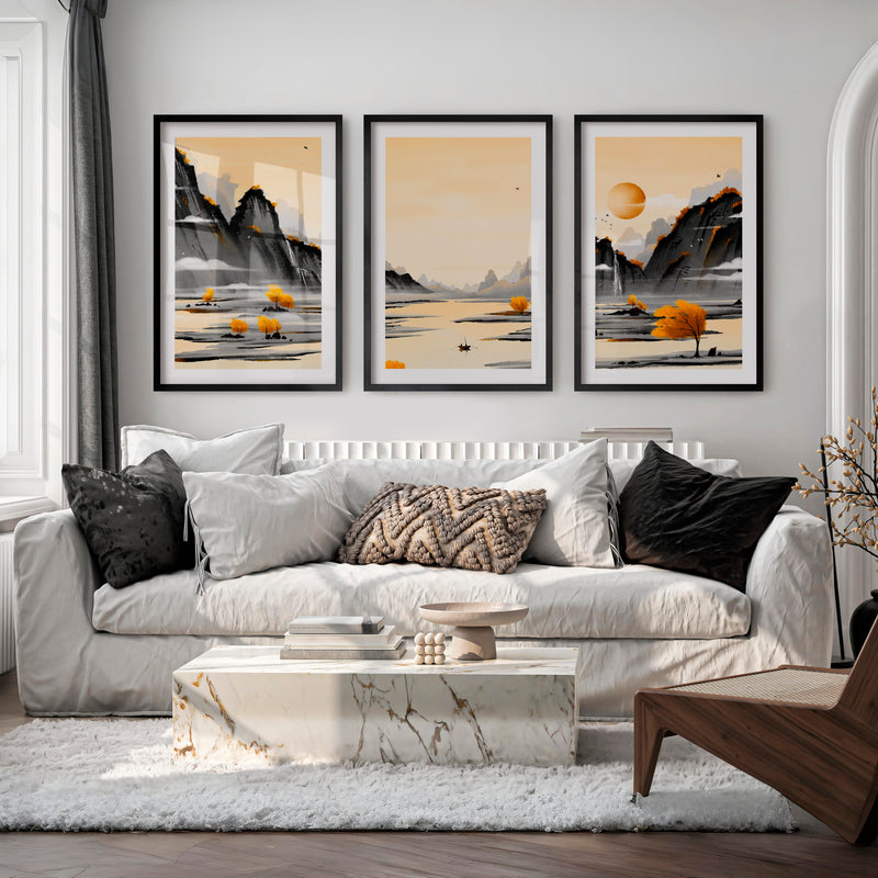 Traditional Japanese Art Featuring Cherry Blossom and Mount Fuji Landscape - Black Framed Poster with White Border - Artworksets