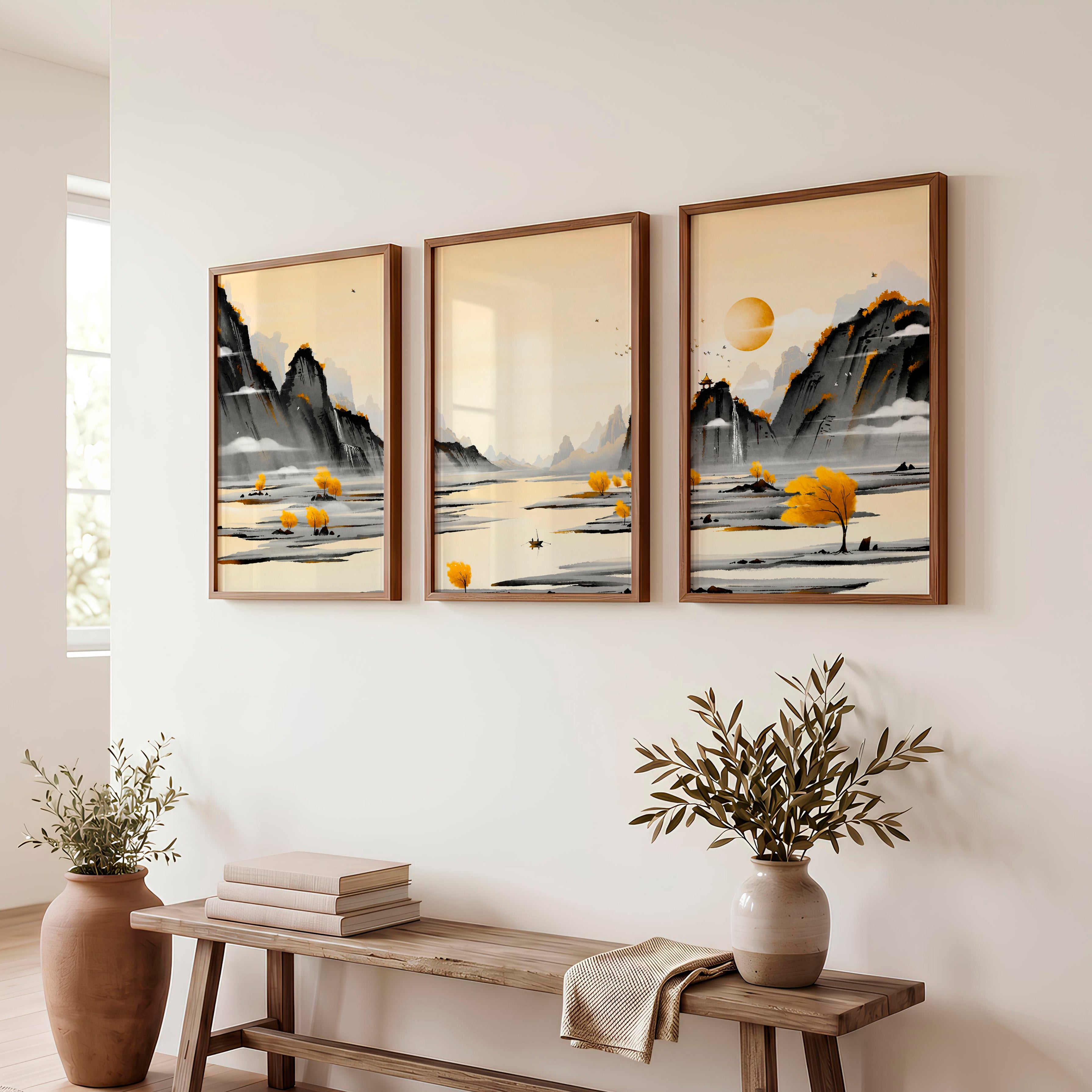 Traditional Japanese Art Featuring Cherry Blossom and Mount Fuji Landscape - Dark Brown Framed Poster No Border - Artworksets