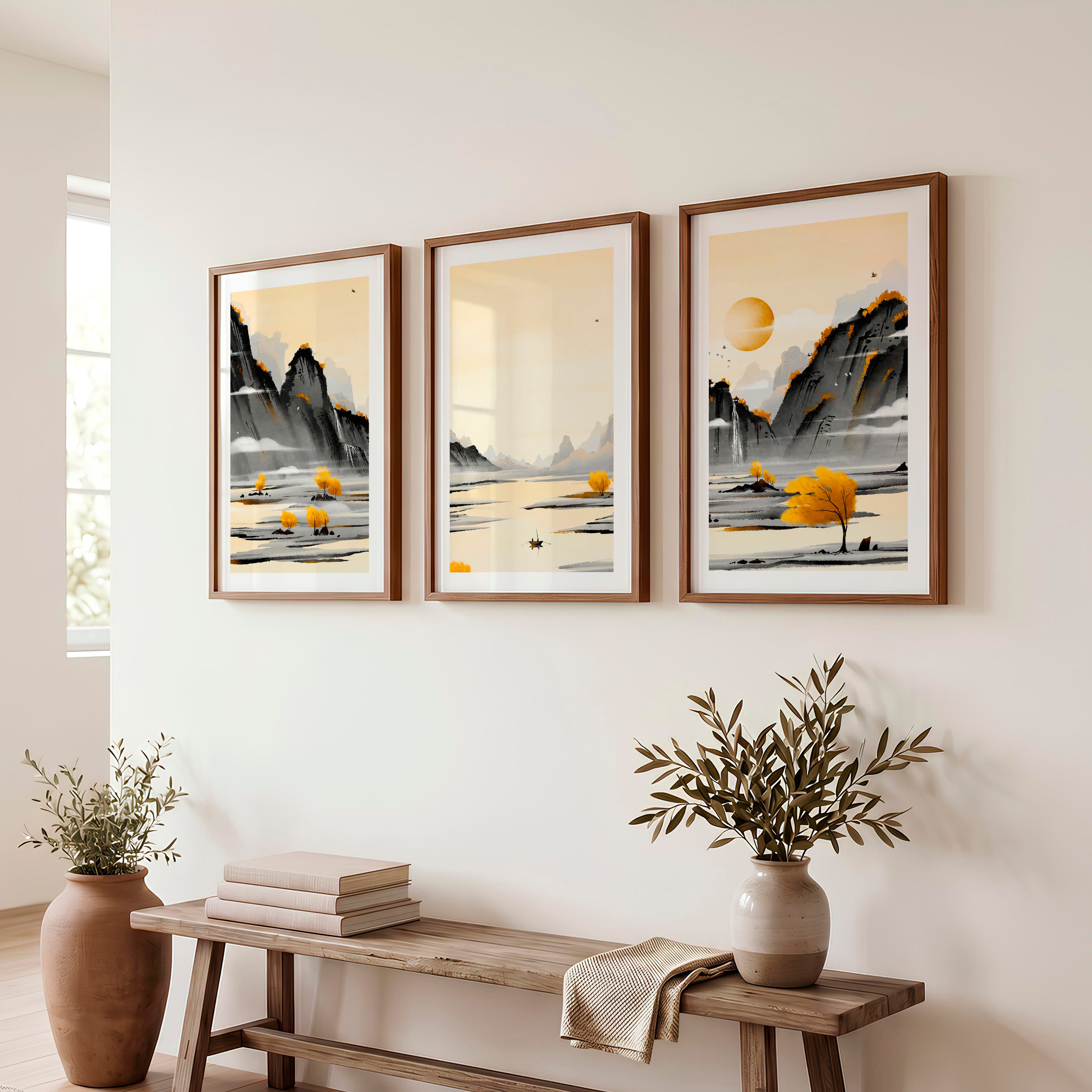 Traditional Japanese Art Featuring Cherry Blossom and Mount Fuji Landscape - Dark Brown Framed Poster with White Border - Artworksets