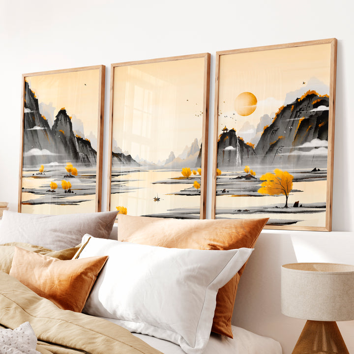 Traditional Japanese Art Featuring Cherry Blossom and Mount Fuji Landscape - Natural Wood Framed Poster No Border - Artworksets