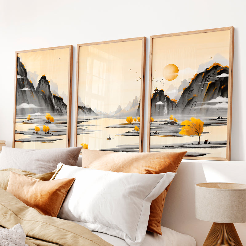 Traditional Japanese Art Featuring Cherry Blossom and Mount Fuji Landscape - Natural Wood Framed Poster No Border - Artworksets