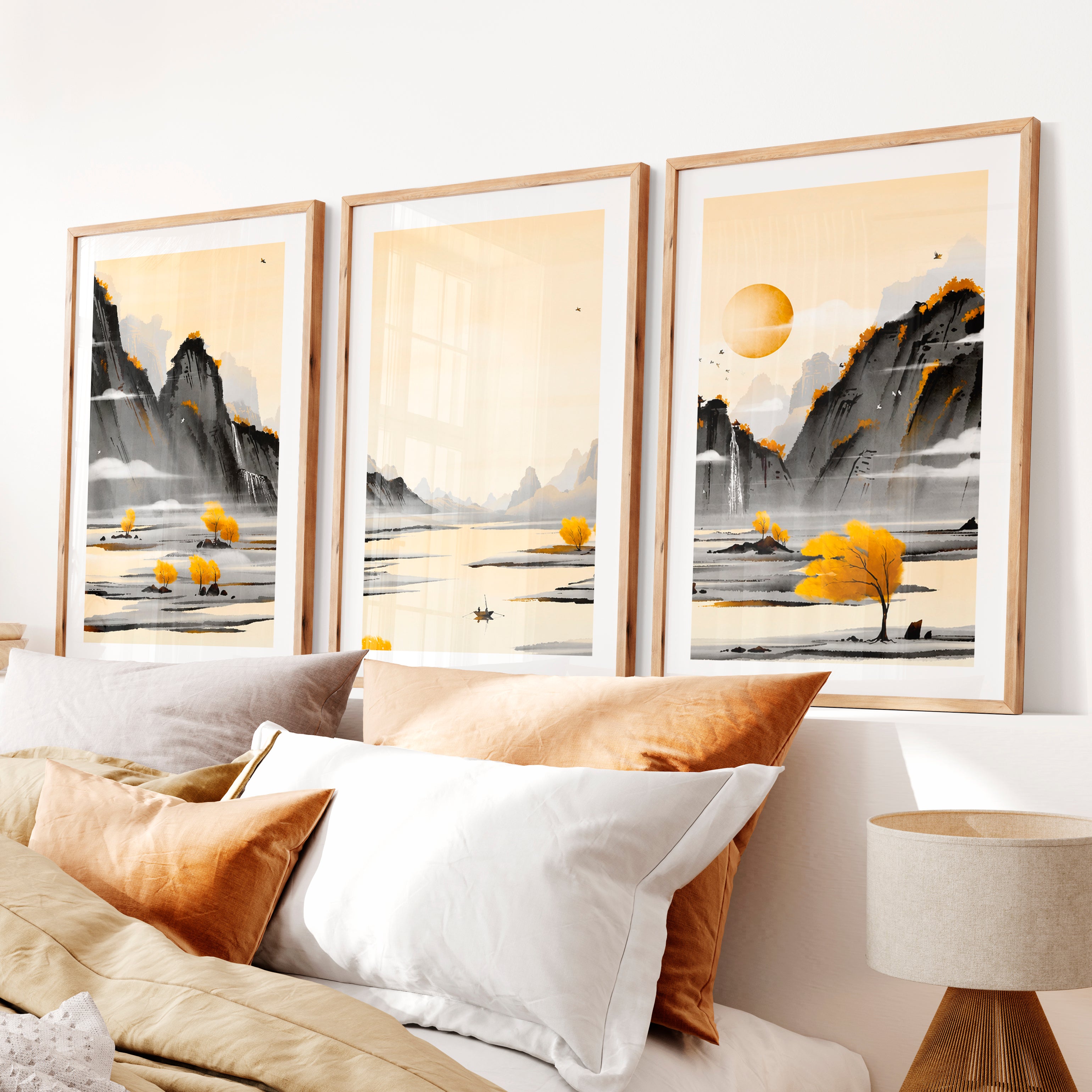 Traditional Japanese Art Featuring Cherry Blossom and Mount Fuji Landscape- Natural Wood Framed Poster with White Border - Artworksets