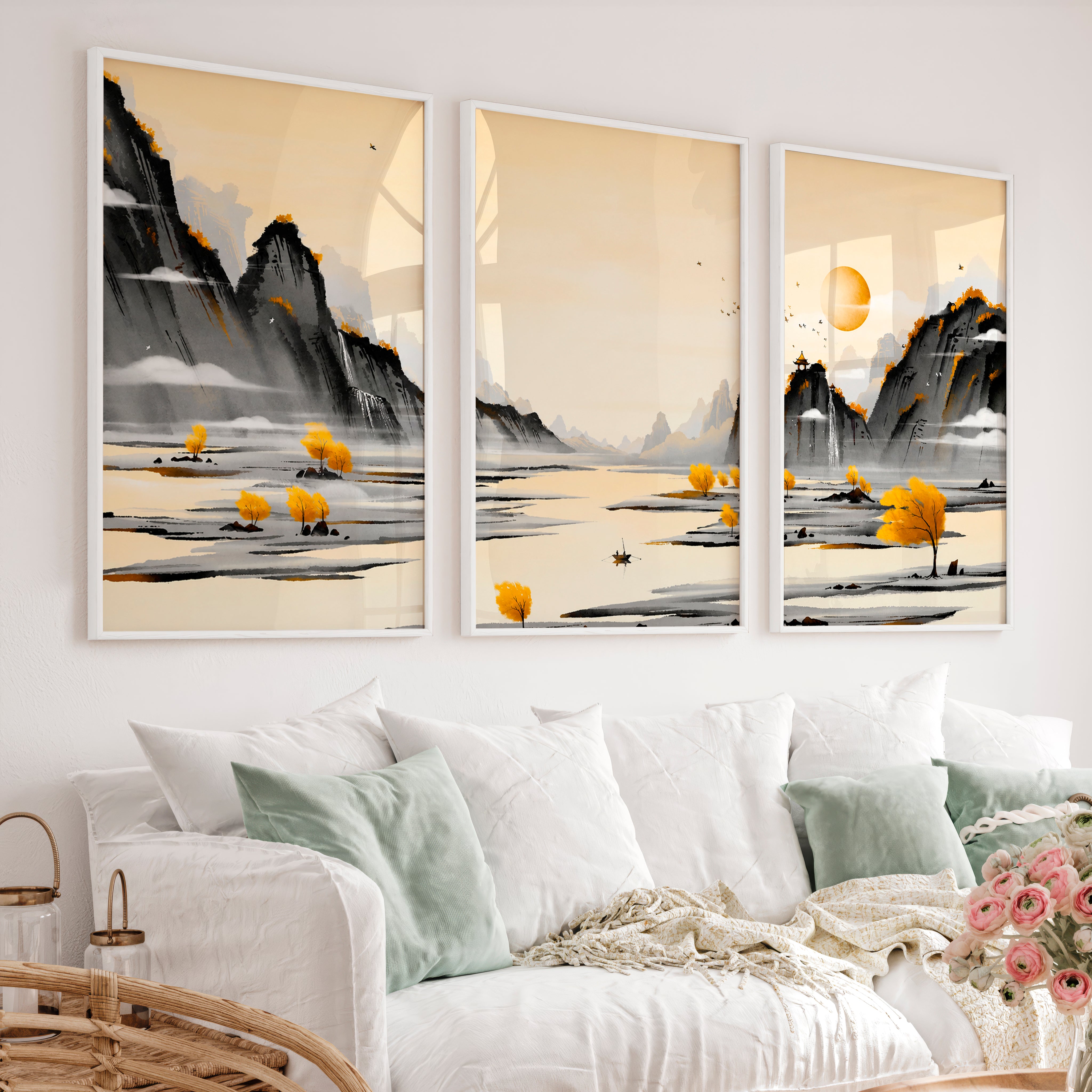 Traditional Japanese Art Featuring Cherry Blossom and Mount Fuji Landscape - White Framed Poster No Border - Artworksets