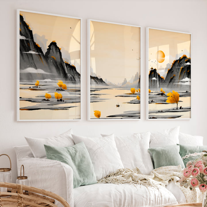Traditional Japanese Art Featuring Cherry Blossom and Mount Fuji Landscape - White Framed Poster No Border - Artworksets