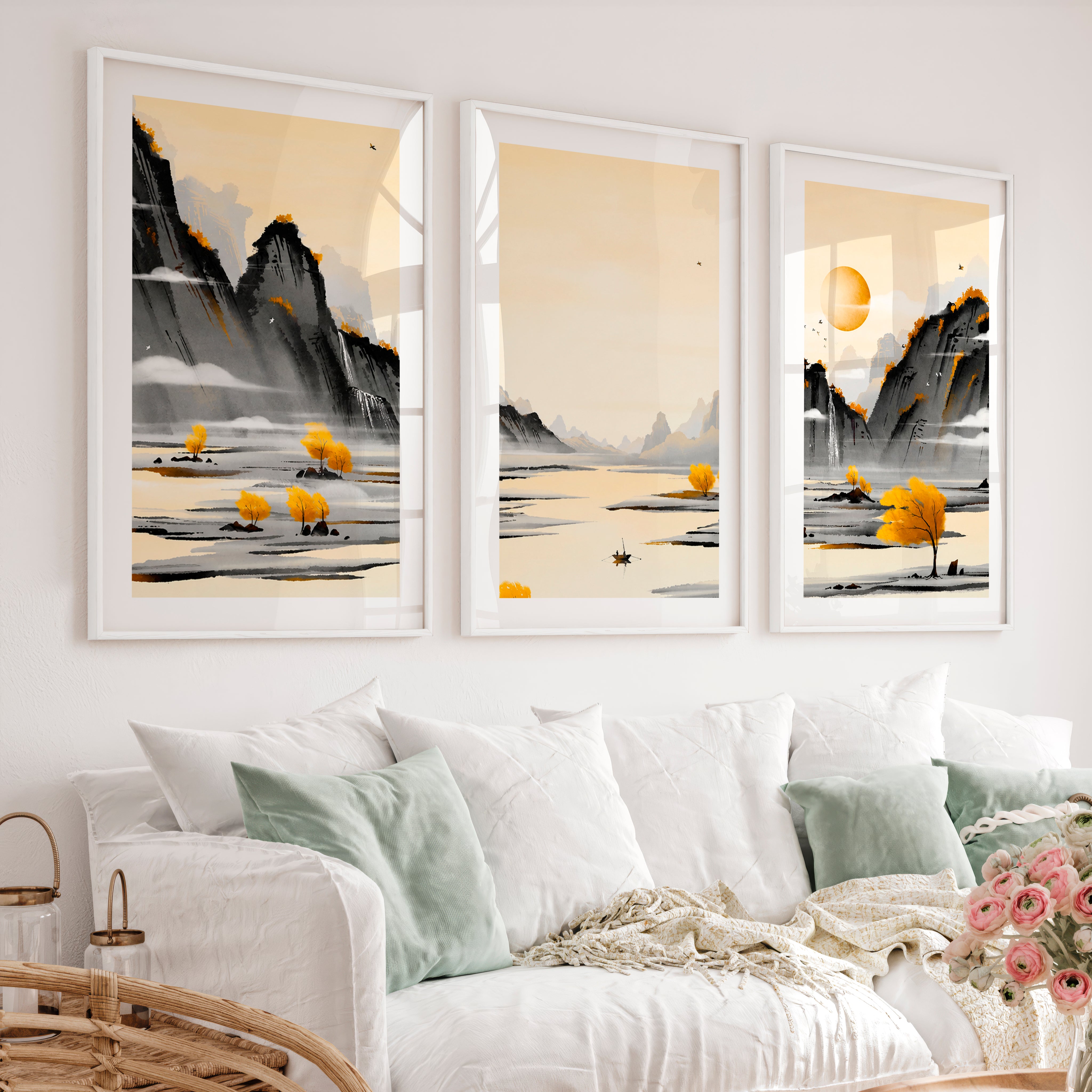 Traditional Japanese Art Featuring Cherry Blossom and Mount Fuji Landscape - White Framed Poster with White Border - Artworksets