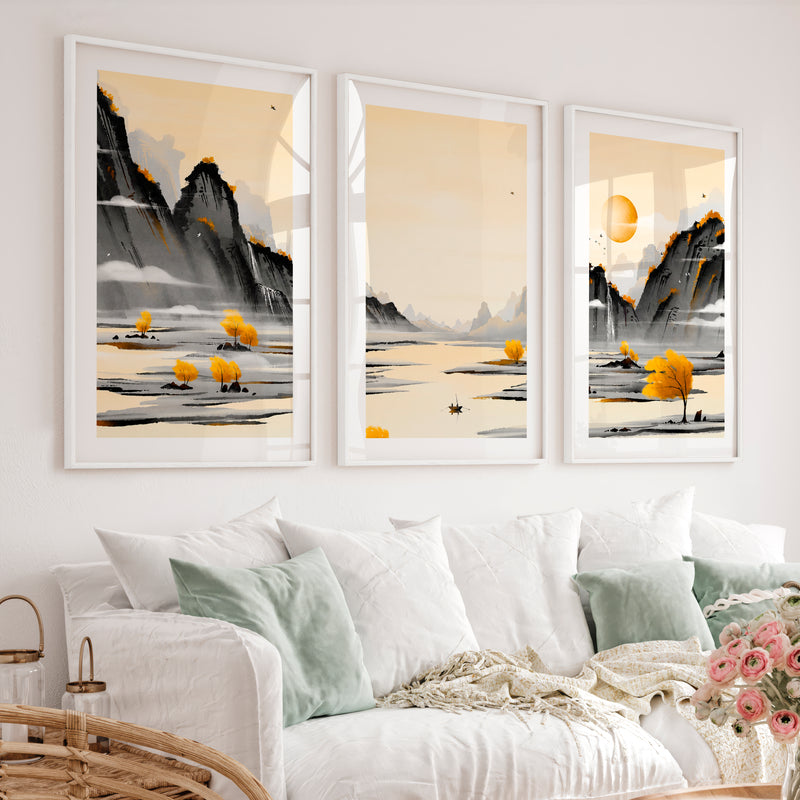 Traditional Japanese Art Featuring Cherry Blossom and Mount Fuji Landscape - White Framed Poster with White Border - Artworksets