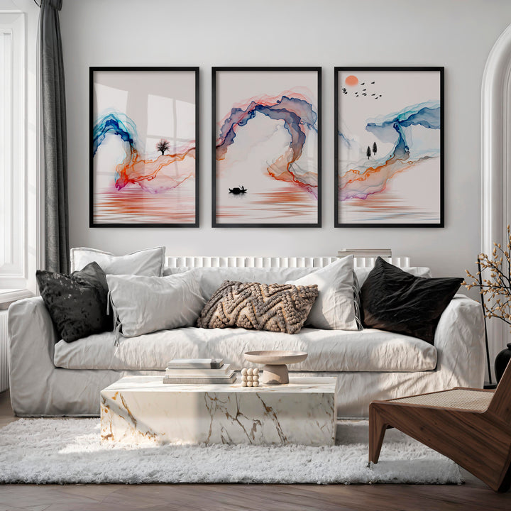 Serene traditional japanese art featuring fisherman and wildlife - Black Framed Poster No Border - Artworksets