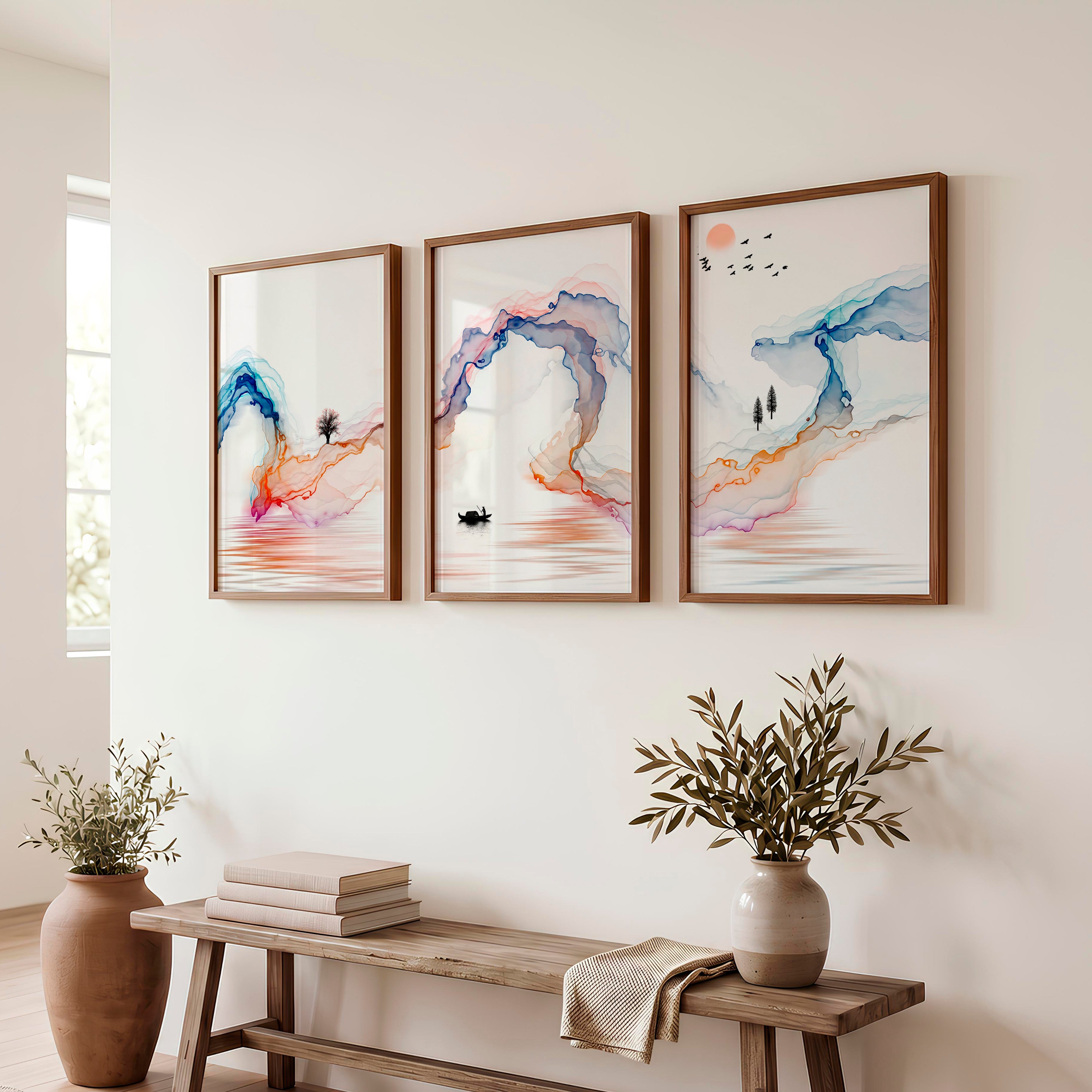 Serene traditional japanese art featuring fisherman and wildlife - Dark Brown Framed Poster No Border - Artworksets