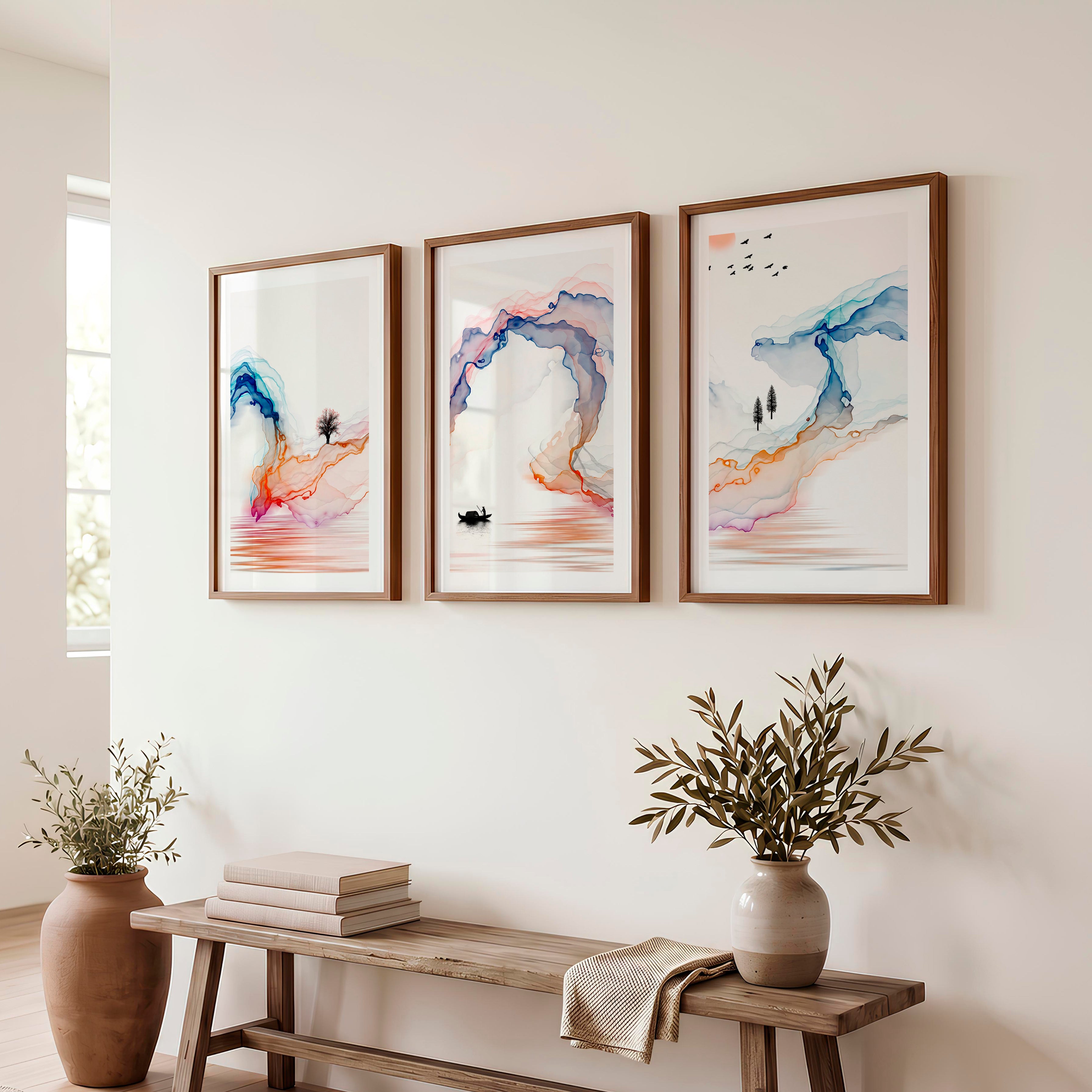 Serene traditional japanese art featuring fisherman and wildlife - Dark Brown Framed Poster with White Border - Artworksets