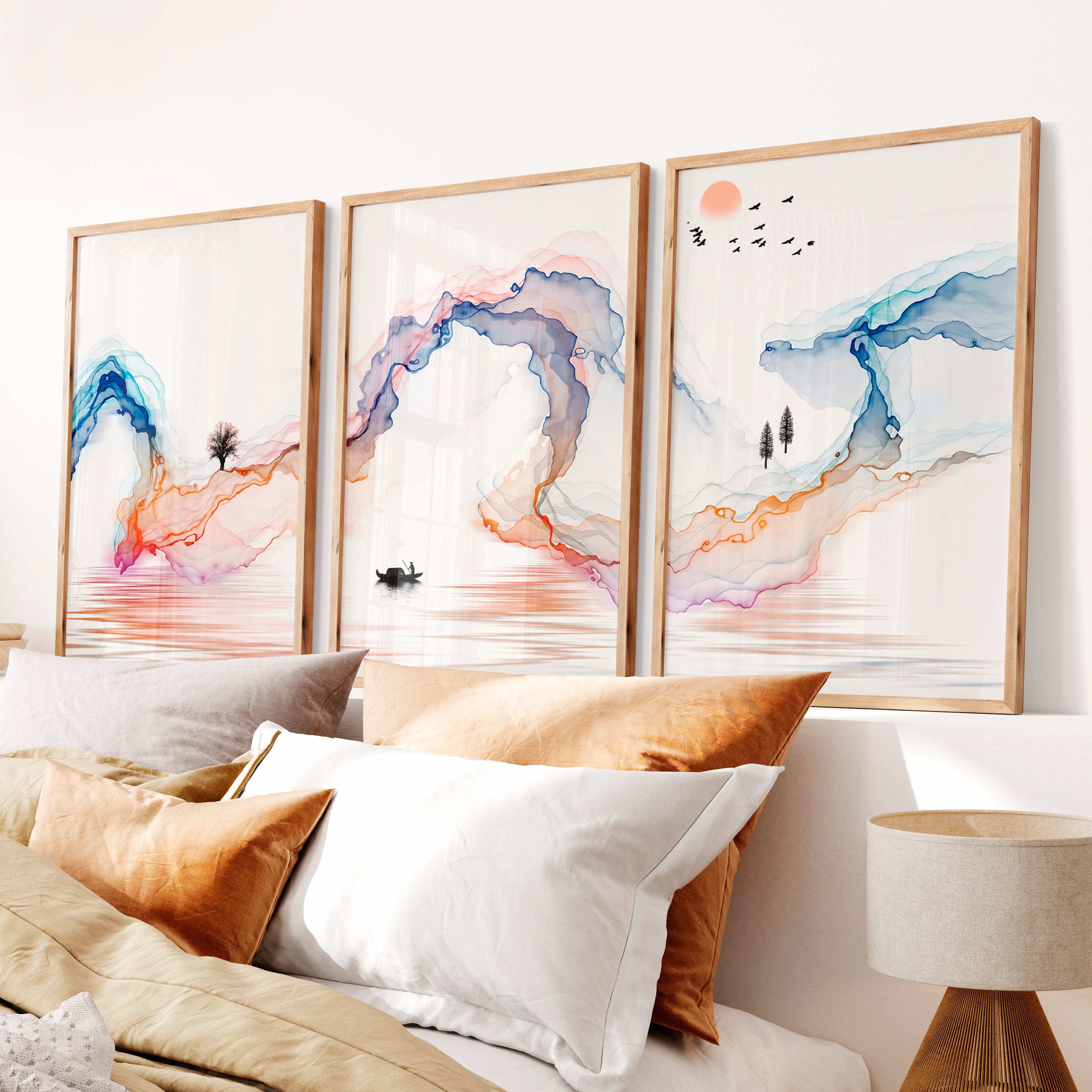 Serene traditional japanese art featuring fisherman and wildlife - Natural Wood Framed Poster No Border - Artworksets