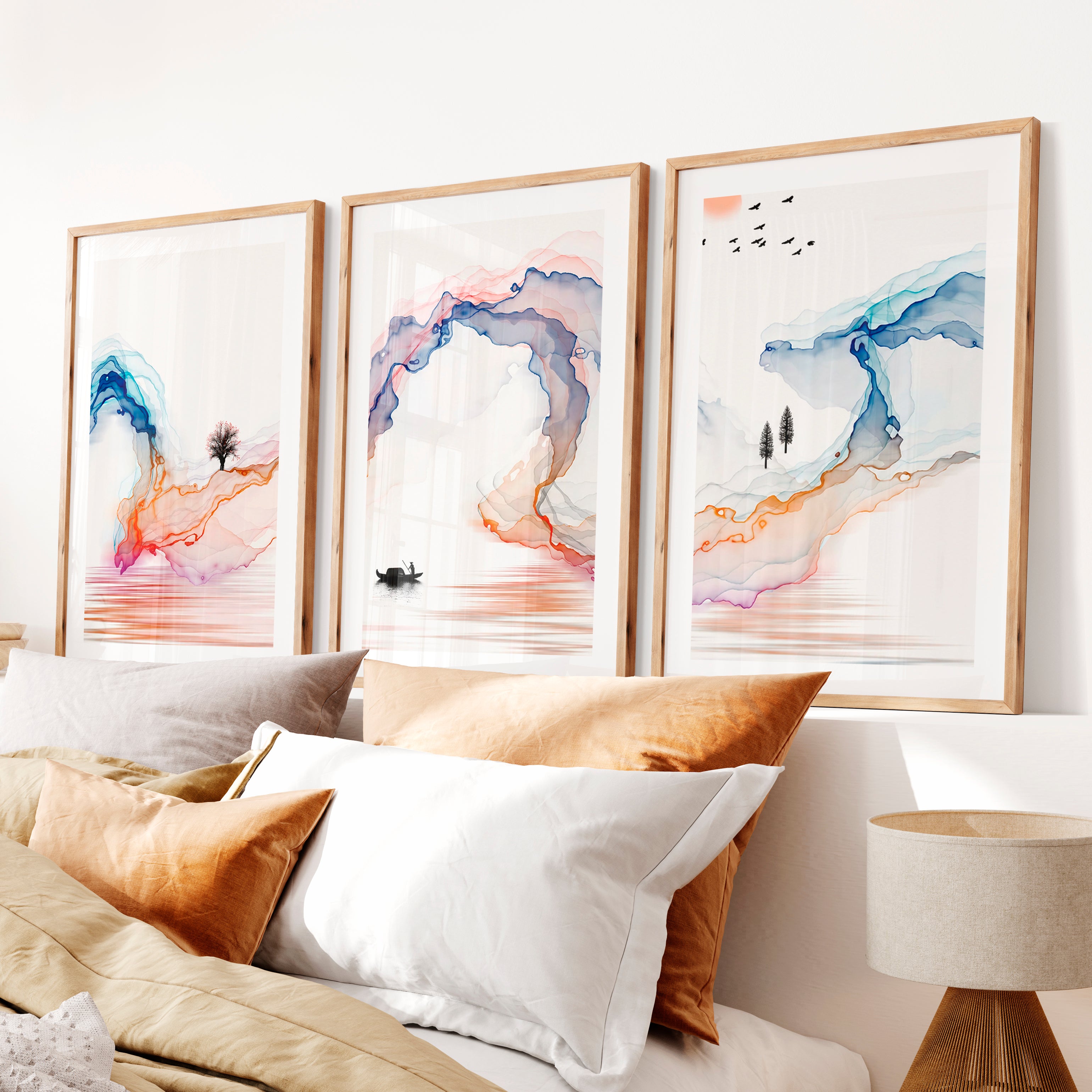 Serene traditional japanese art featuring fisherman and wildlife- Natural Wood Framed Poster with White Border - Artworksets