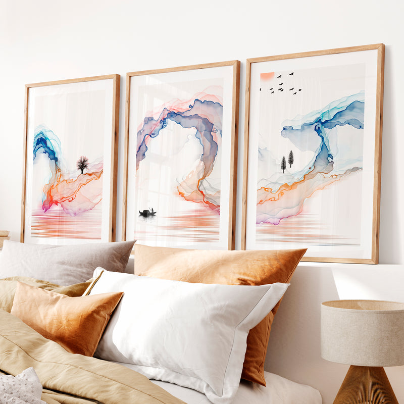 Serene traditional japanese art featuring fisherman and wildlife- Natural Wood Framed Poster with White Border - Artworksets