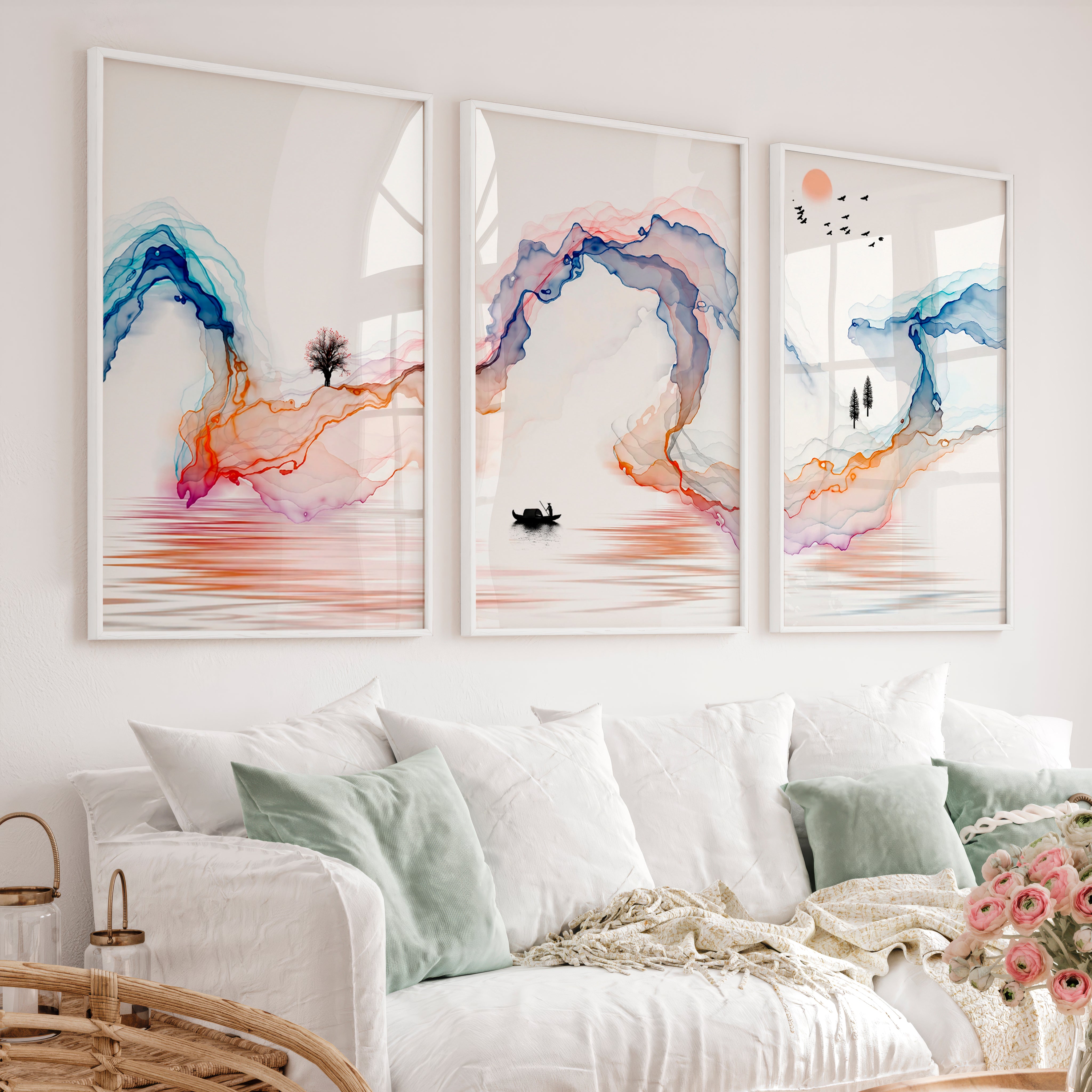 Serene traditional japanese art featuring fisherman and wildlife - White Framed Poster No Border - Artworksets