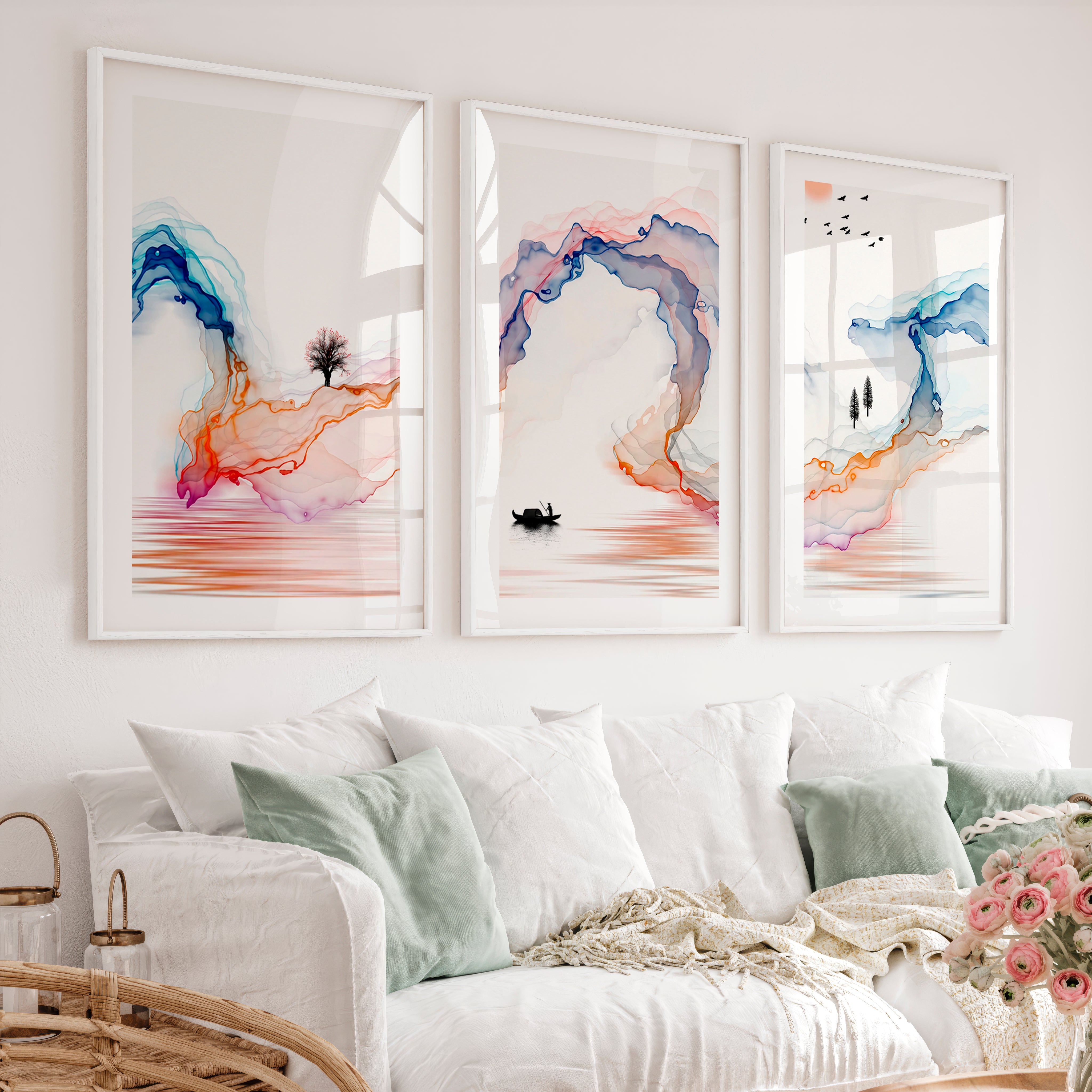 Serene traditional japanese art featuring fisherman and wildlife - White Framed Poster with White Border - Artworksets