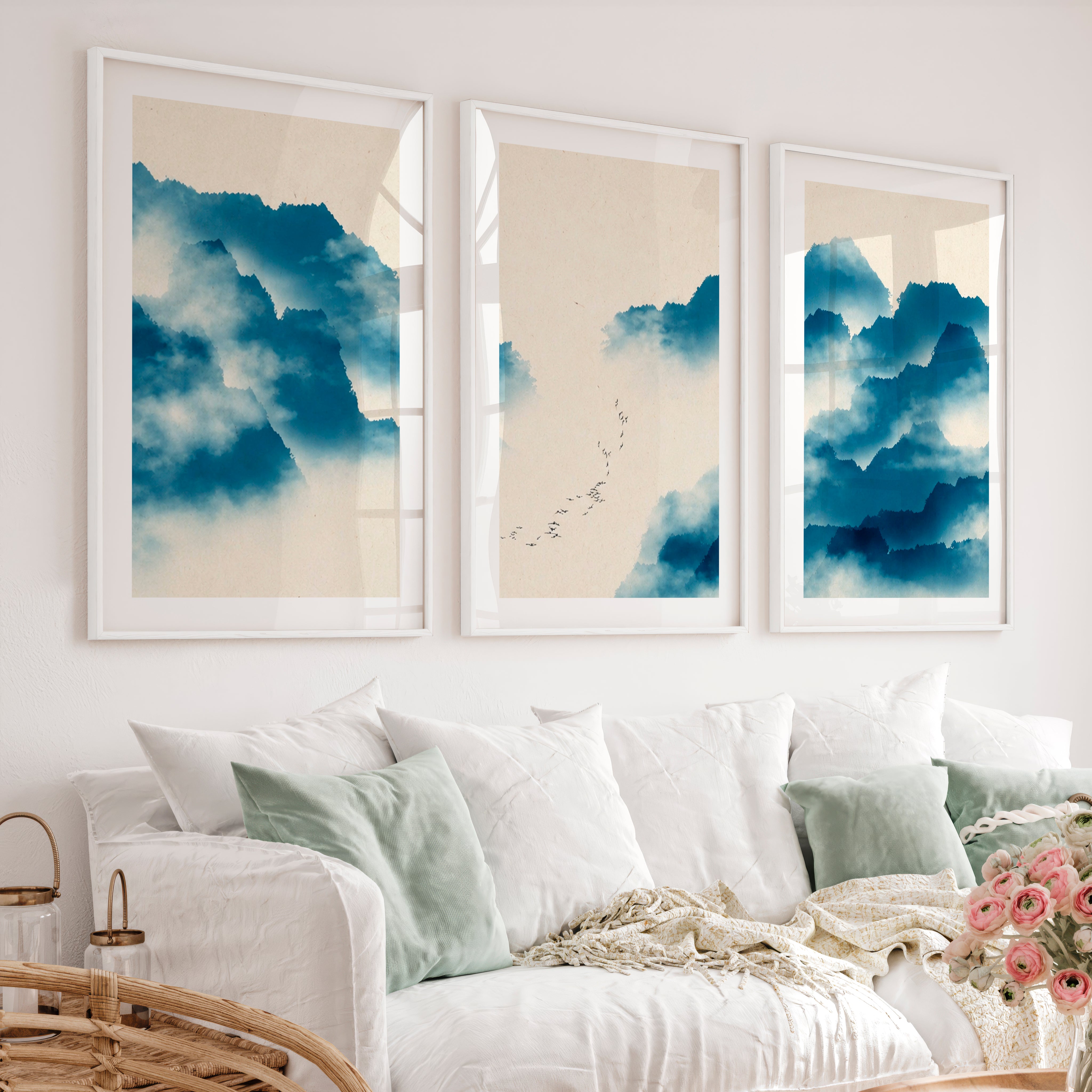 Traditional Japanese Art Featuring Pine Trees and Bamboo - White Framed Poster with White Border - Artworksets