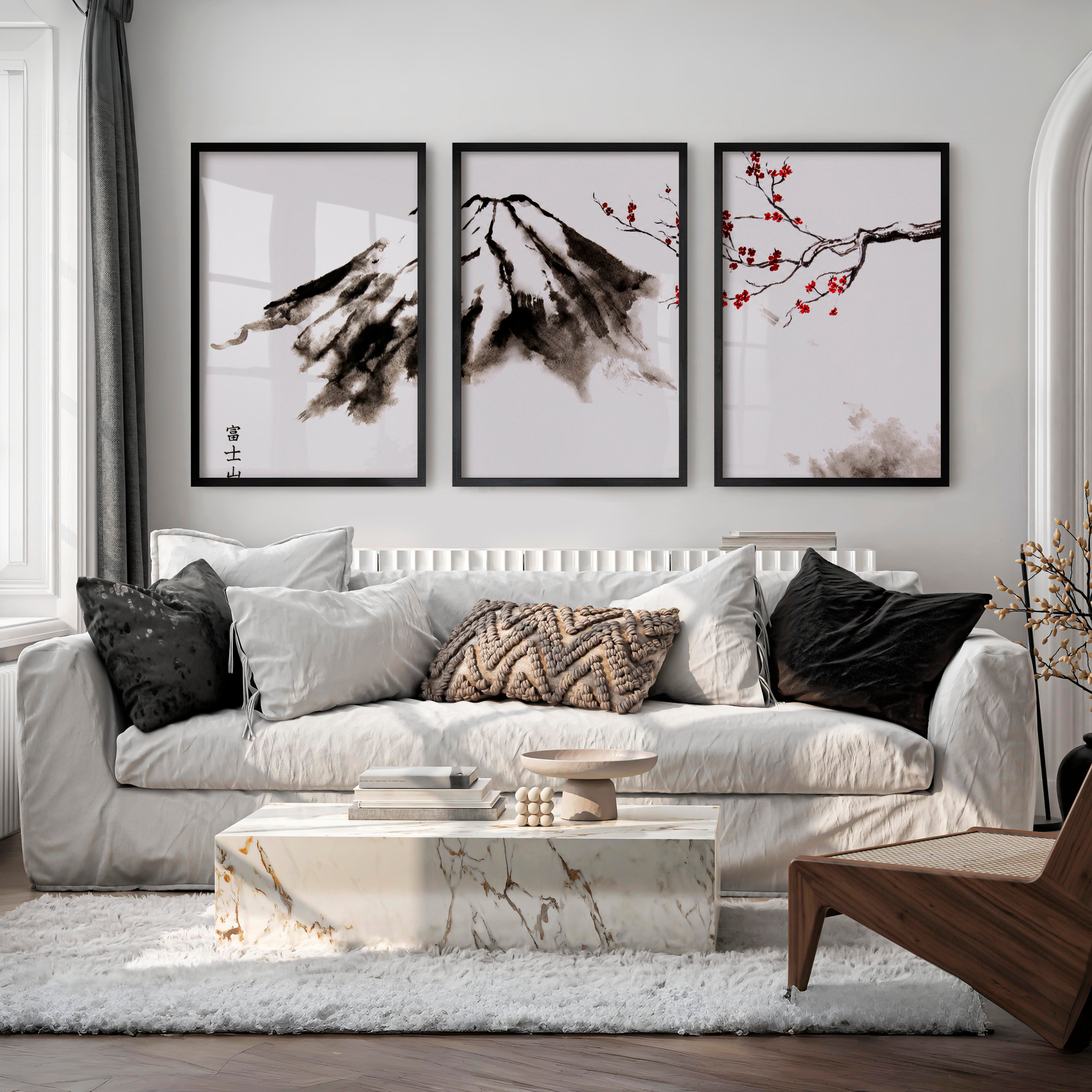 Misty Mountain Pine Triptych in Traditional Japanese Art - Black Framed Poster No Border - Artworksets