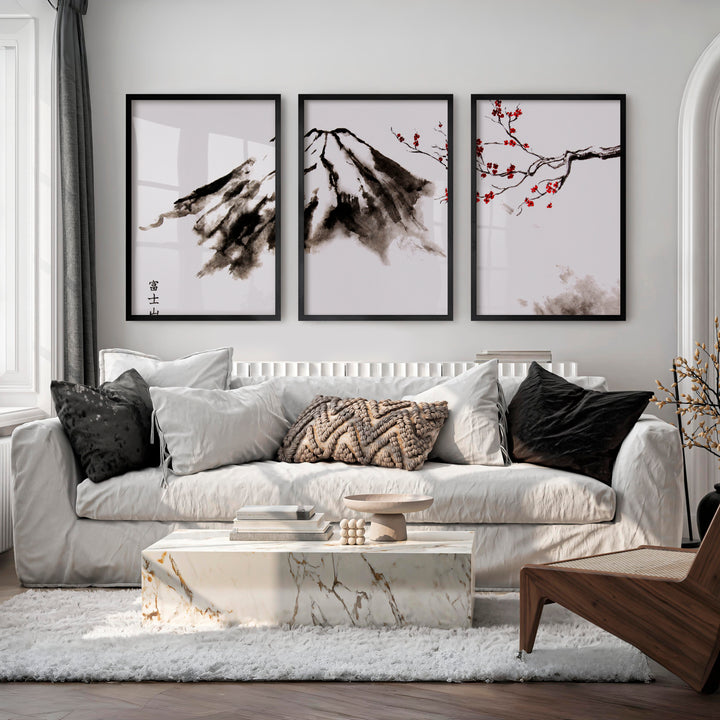 Misty Mountain Pine Triptych in Traditional Japanese Art - Black Framed Poster No Border - Artworksets