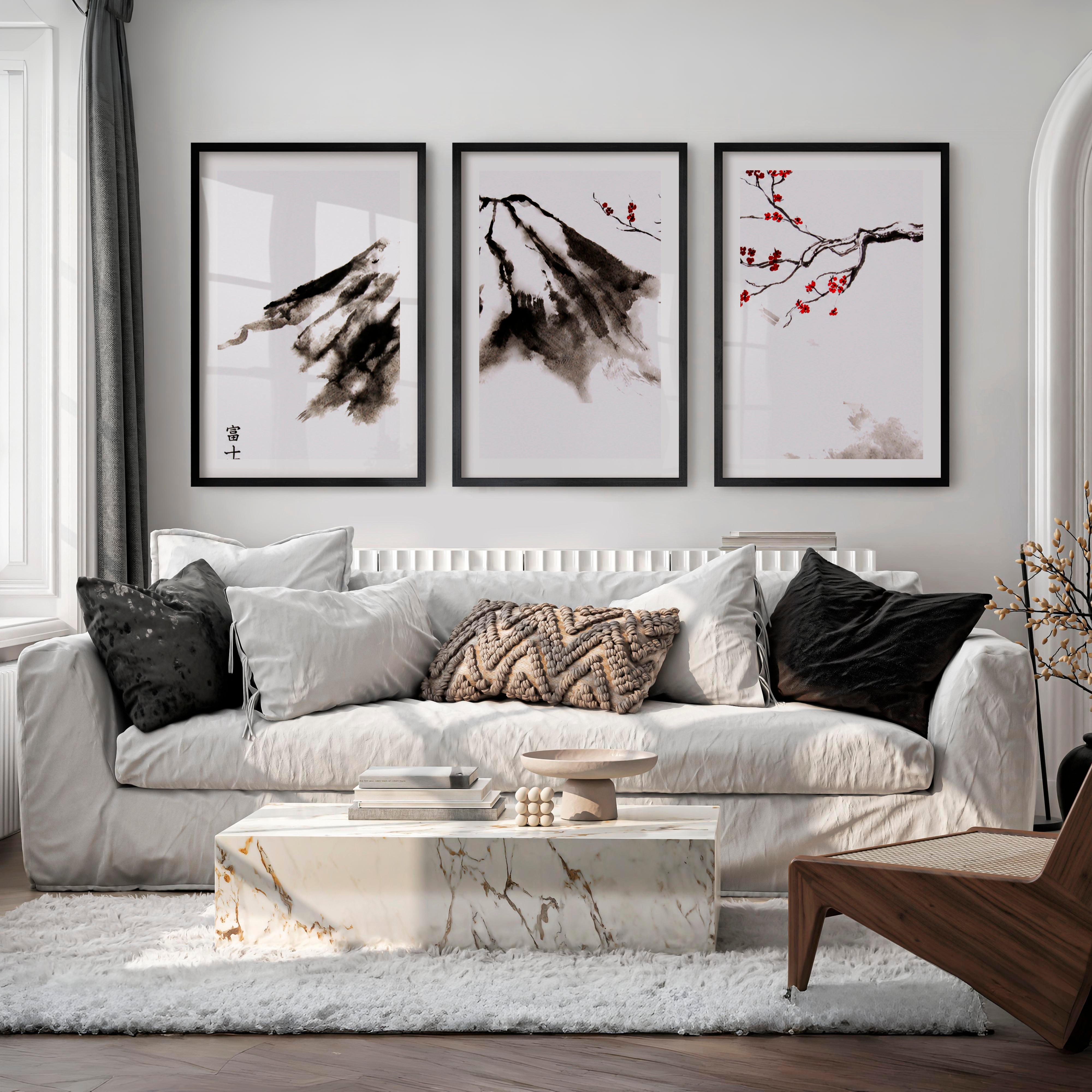 Misty Mountain Pine Triptych in Traditional Japanese Art - Black Framed Poster with White Border - Artworksets