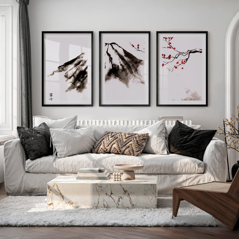 Misty Mountain Pine Triptych in Traditional Japanese Art - Black Framed Poster with White Border - Artworksets