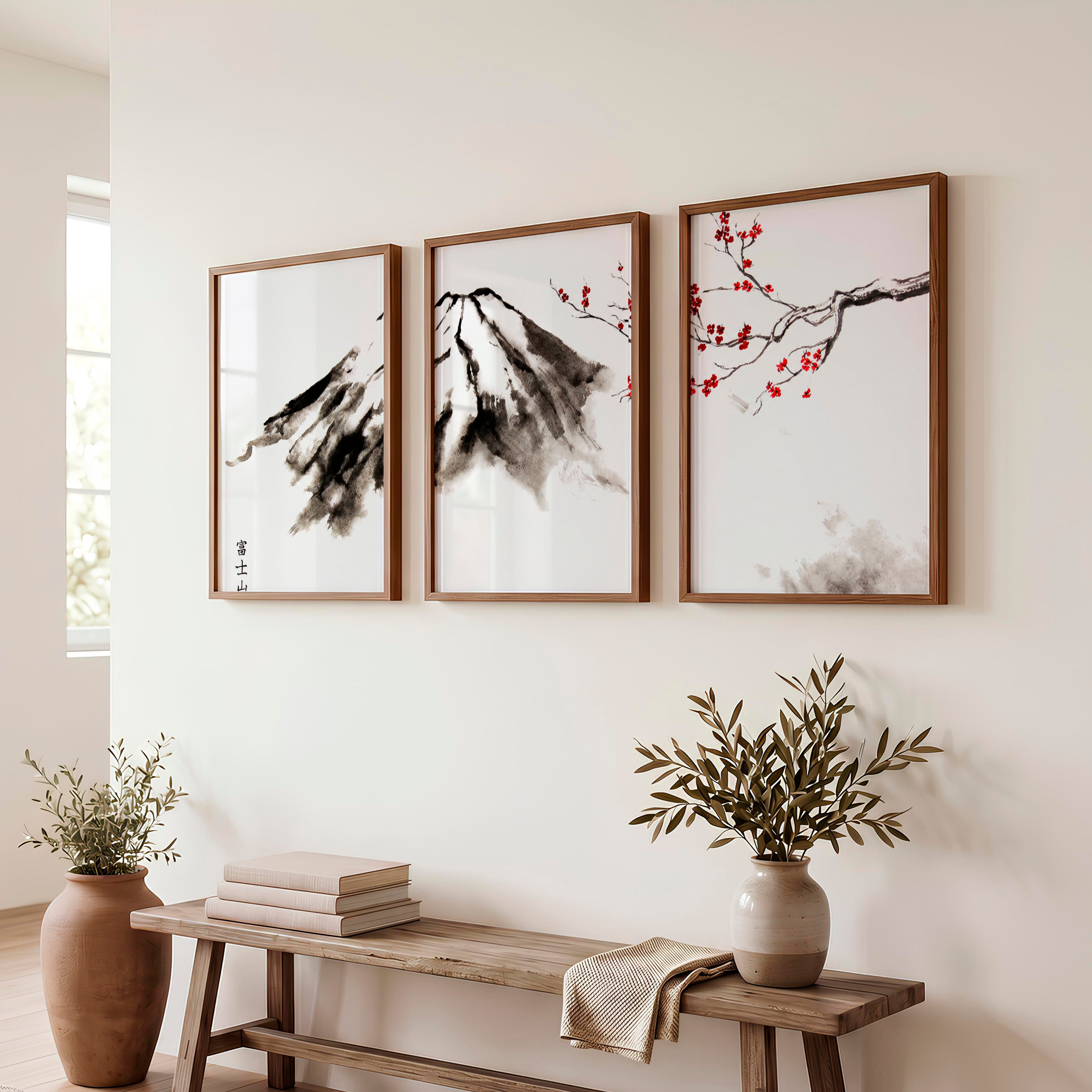 Misty Mountain Pine Triptych in Traditional Japanese Art - Dark Brown Framed Poster No Border - Artworksets