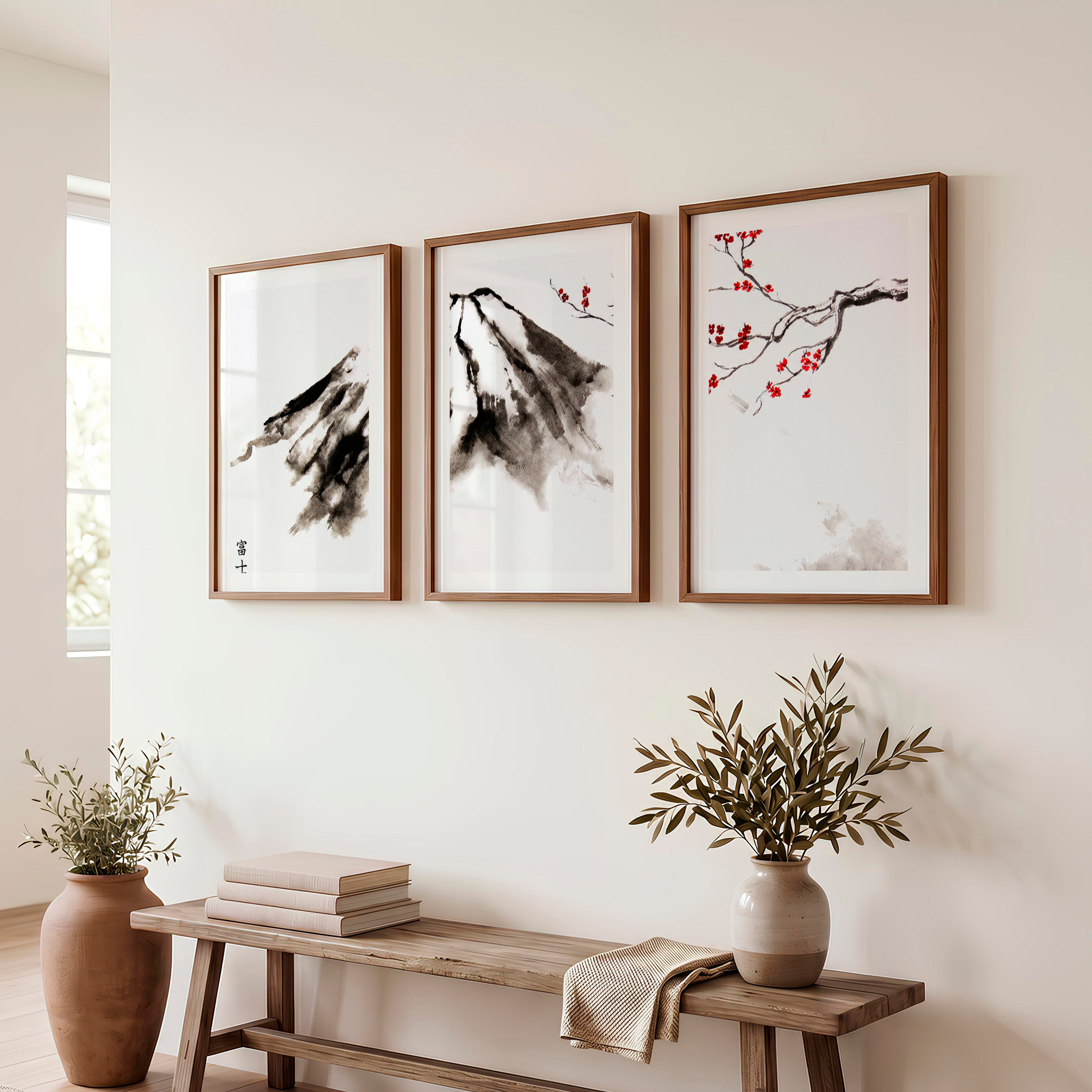 Misty Mountain Pine Triptych in Traditional Japanese Art - Dark Brown Framed Poster with White Border - Artworksets