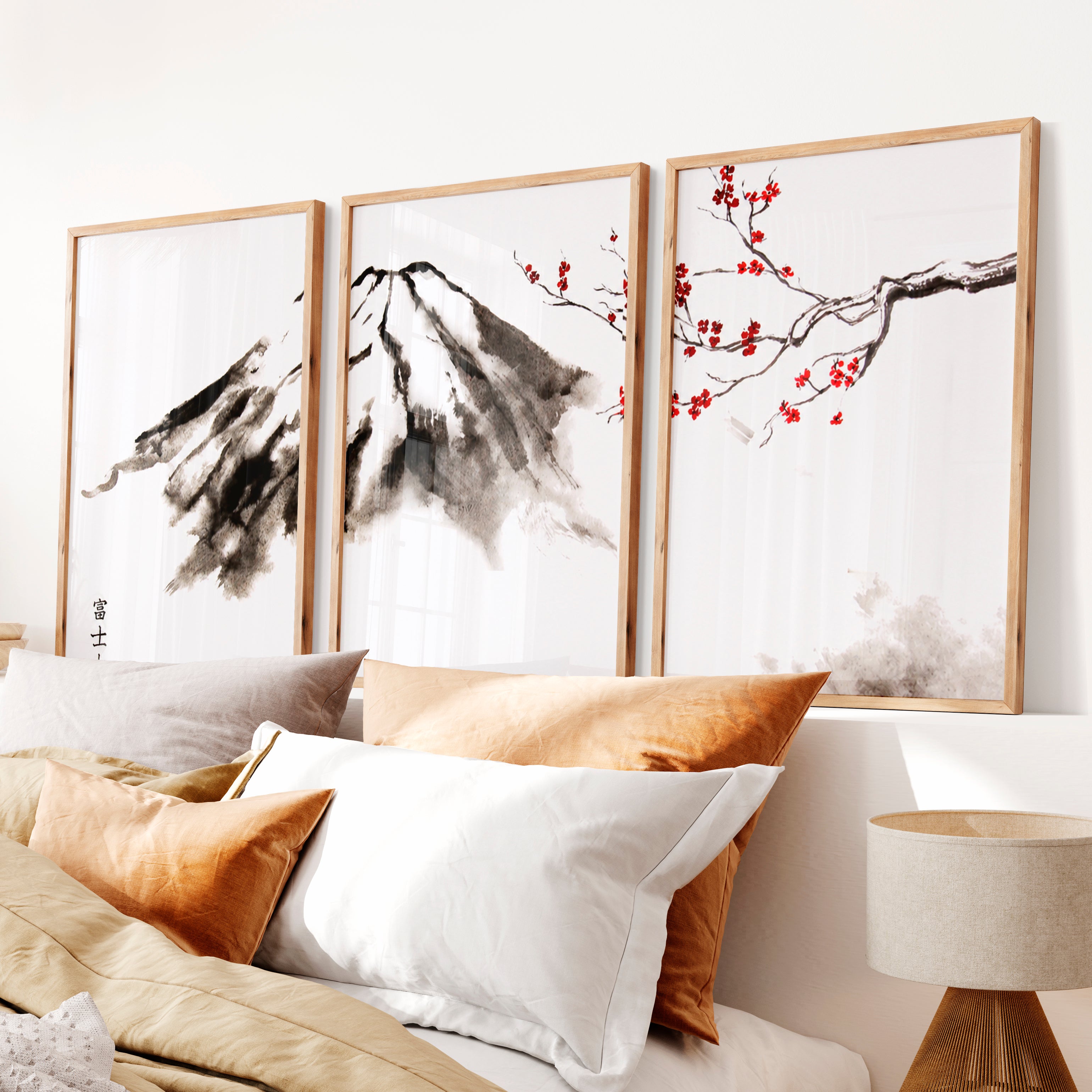 Misty Mountain Pine Triptych in Traditional Japanese Art - Natural Wood Framed Poster No Border - Artworksets