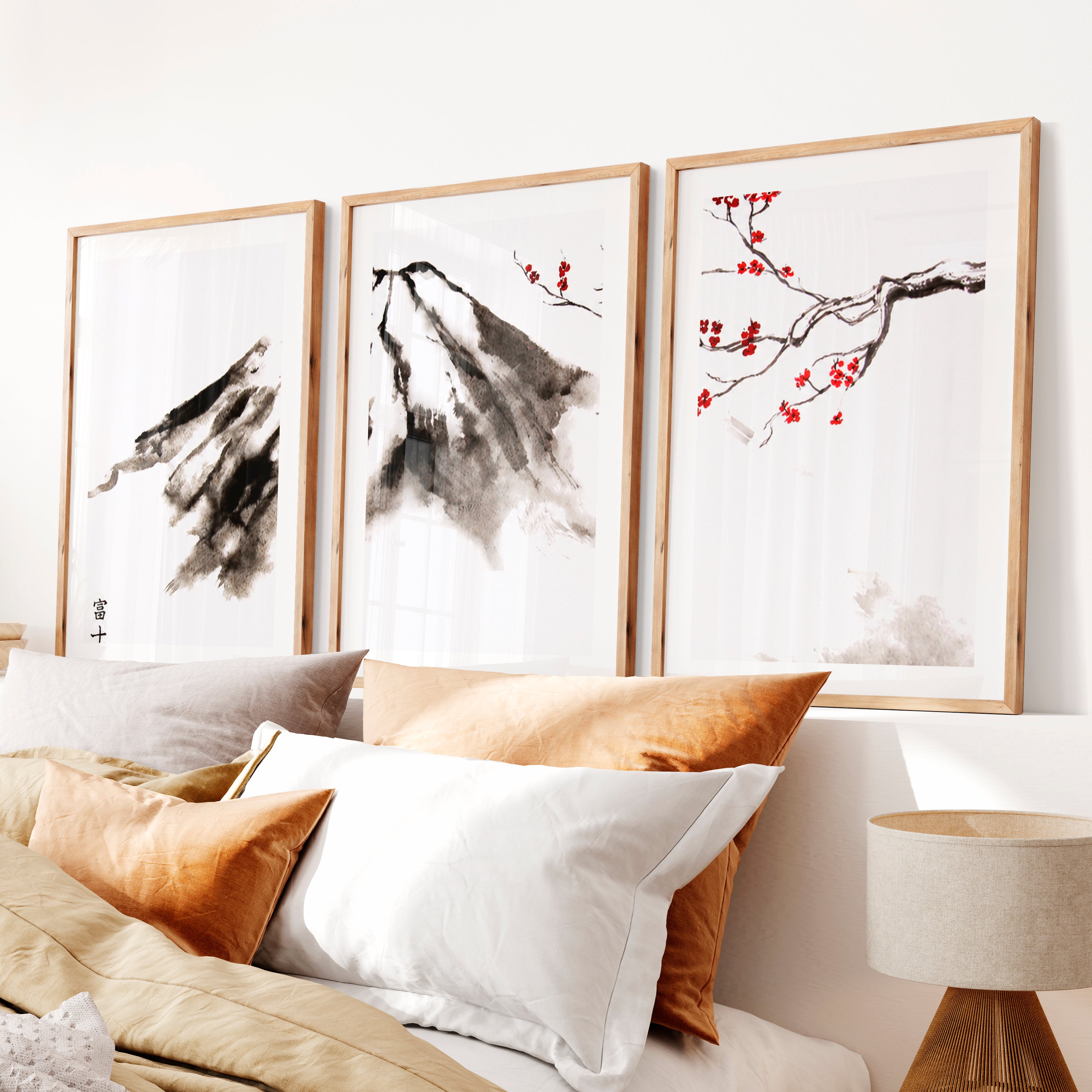 Misty Mountain Pine Triptych in Traditional Japanese Art- Natural Wood Framed Poster with White Border - Artworksets