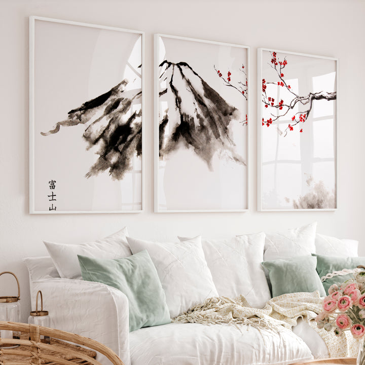 Misty Mountain Pine Triptych in Traditional Japanese Art - White Framed Poster No Border - Artworksets