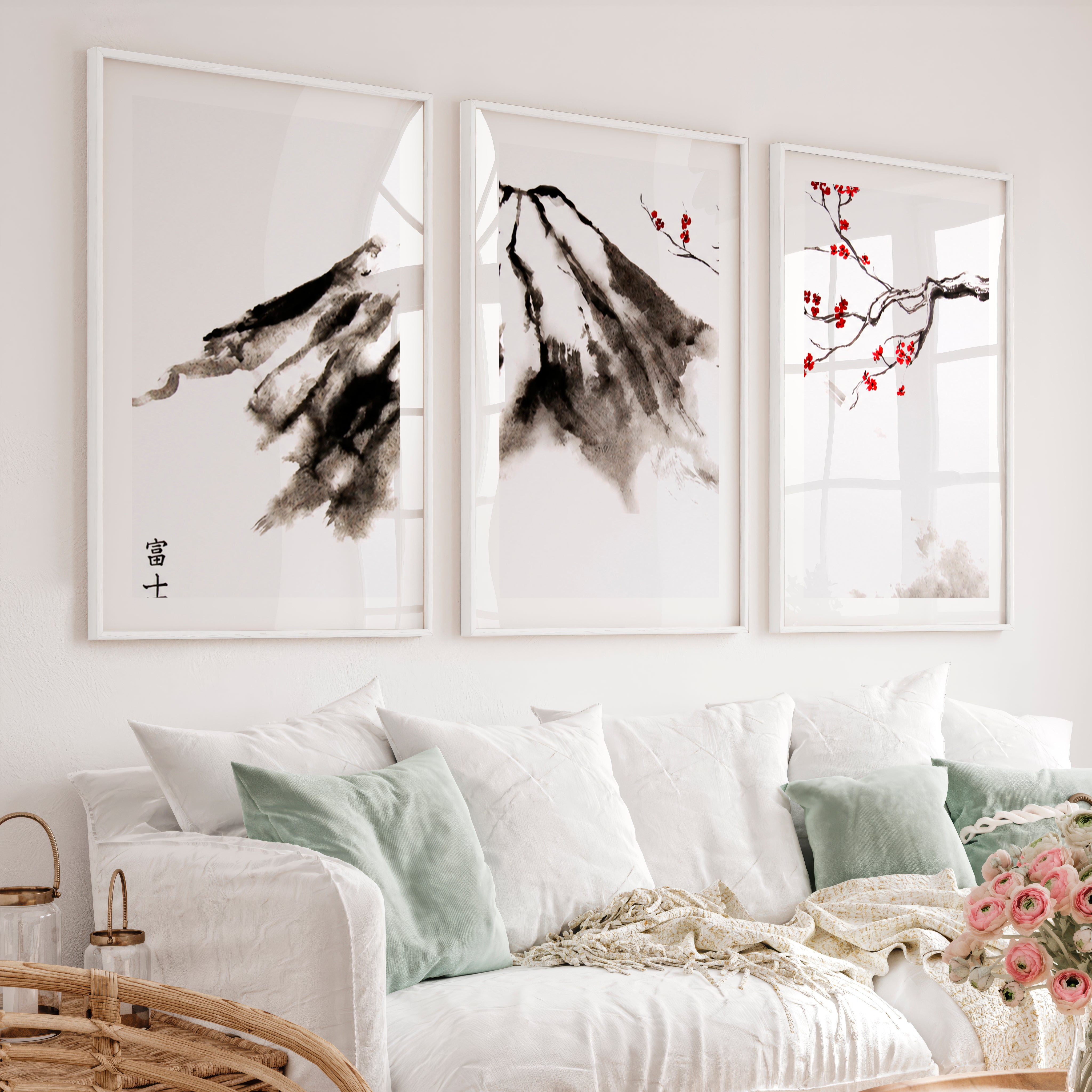 Misty Mountain Pine Triptych in Traditional Japanese Art - White Framed Poster with White Border - Artworksets